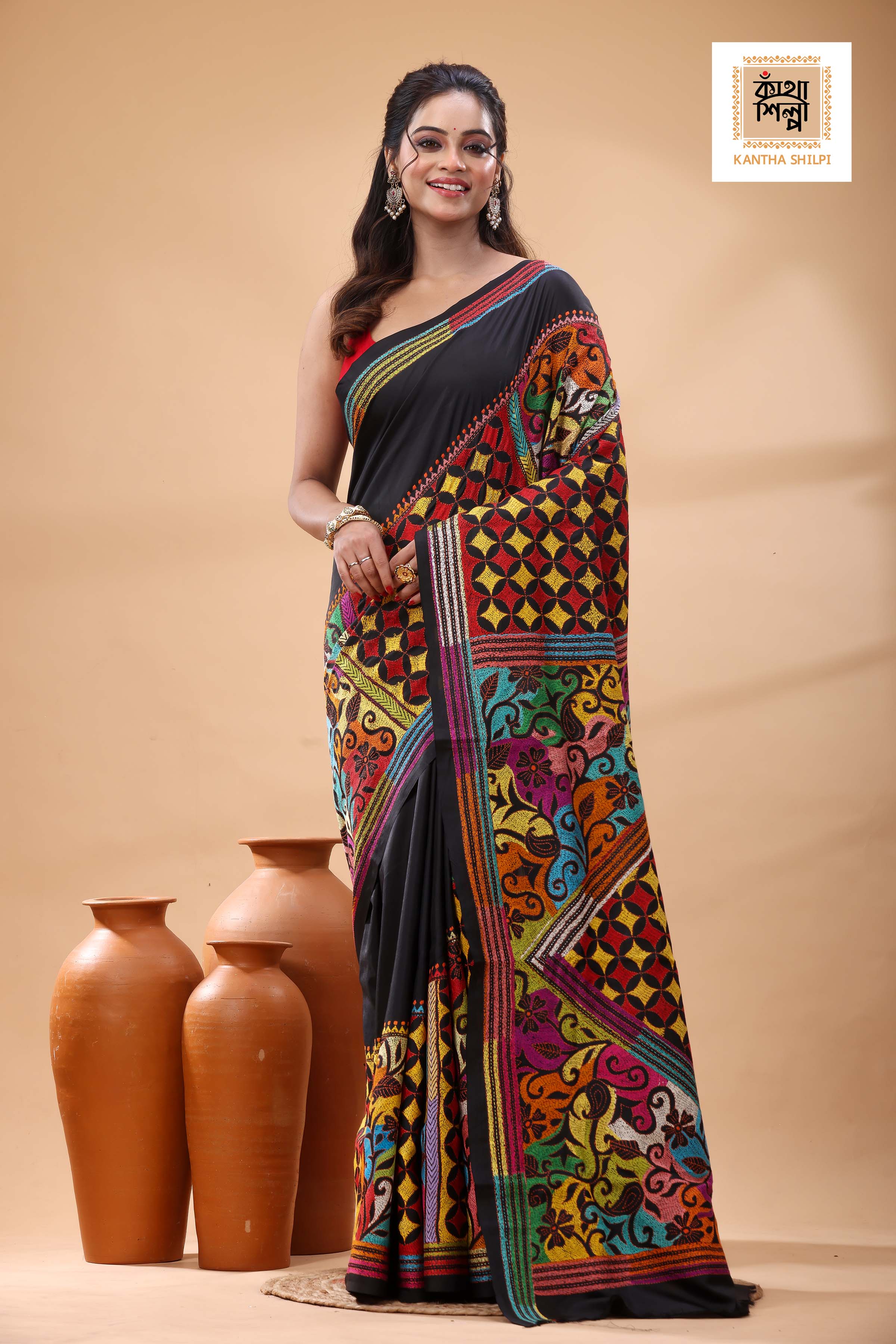 Black Pure Bangalore Silk Multicolor Thread Work Kantha Stitch Saree