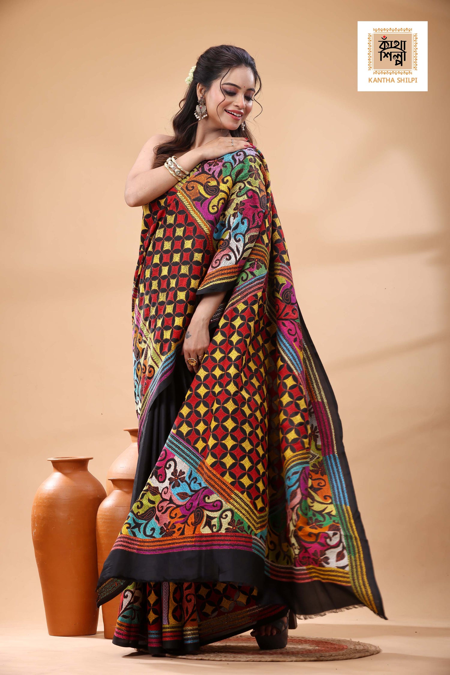 Black Pure Bangalore Silk Multicolor Thread Work Kantha Stitch Saree