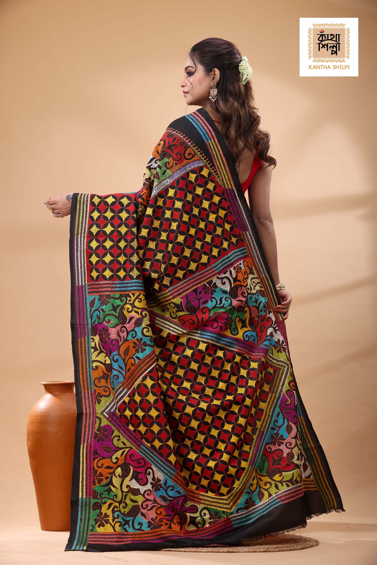 Black Pure Bangalore Silk Multicolor Thread Work Kantha Stitch Saree