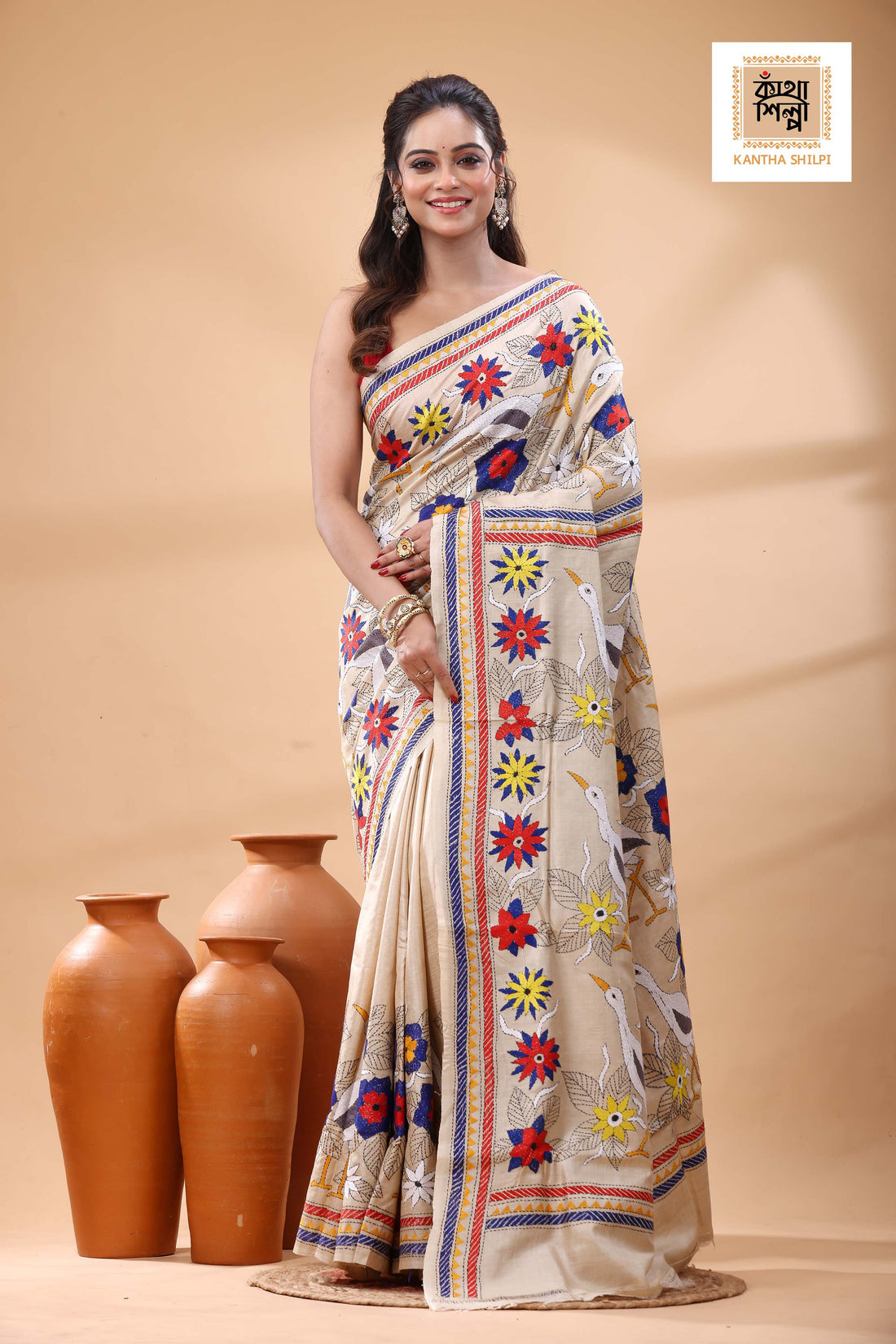 Pure Gachi Tussar Multicolor Thread Work Kantha Stitch Saree
