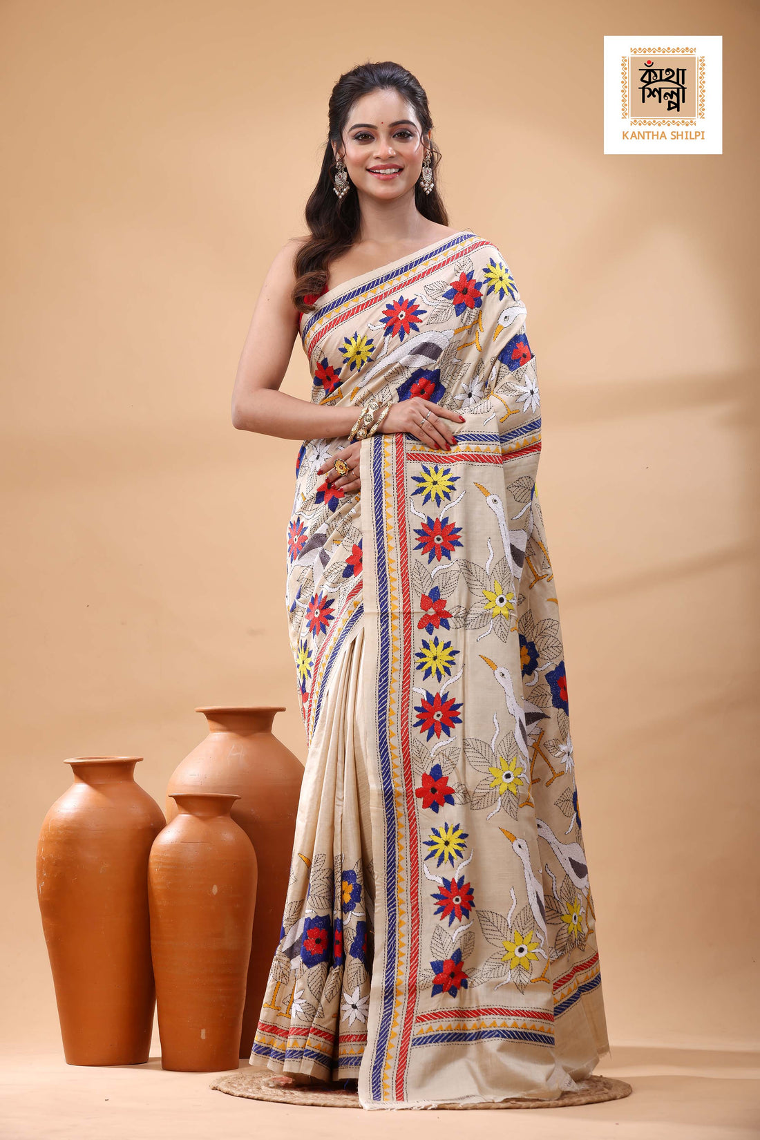 Pure Gachi Tussar Multicolor Thread Work Kantha Stitch Saree