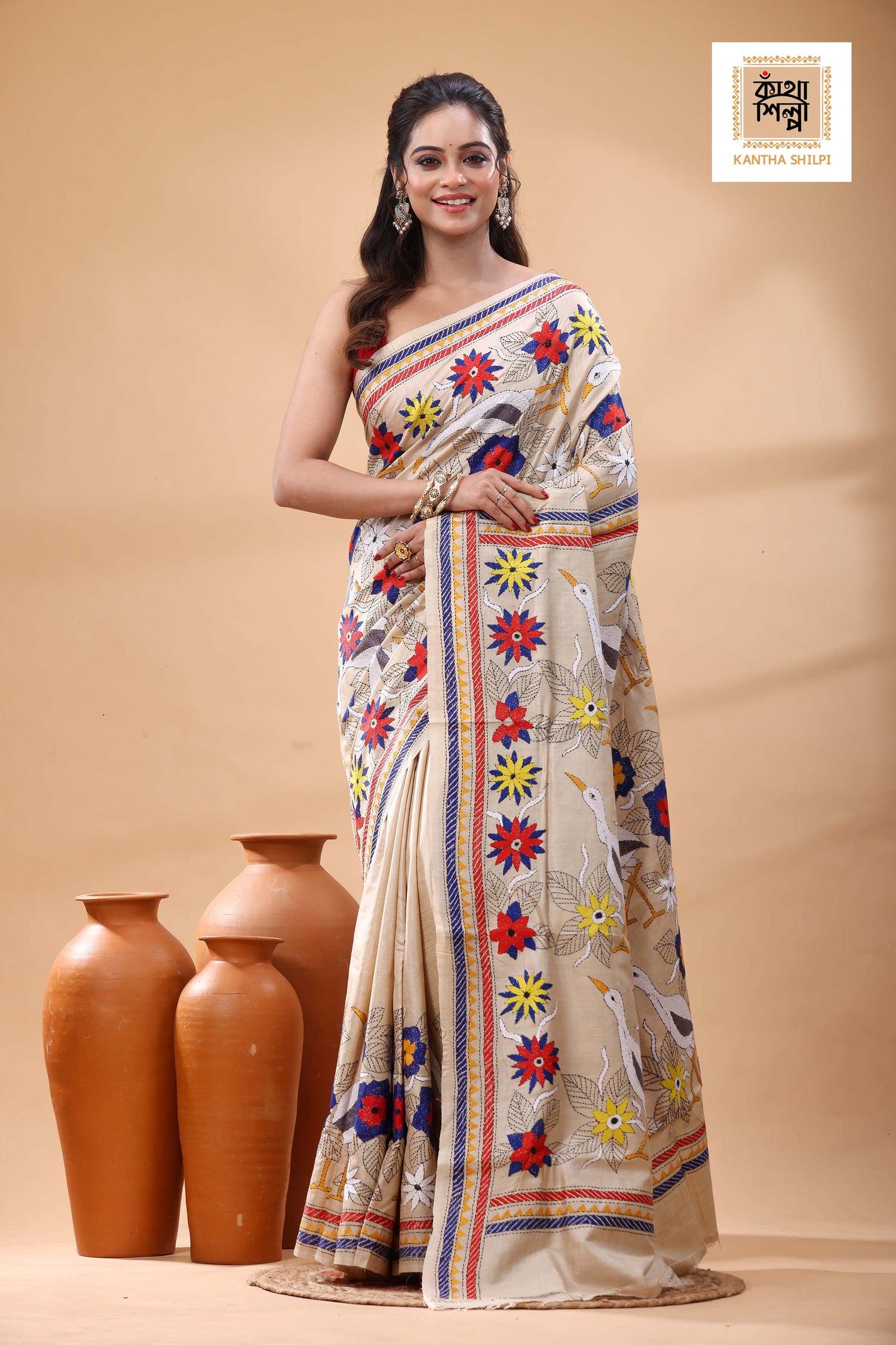Pure Gachi Tussar Multicolor Thread Work Kantha Stitch Saree
