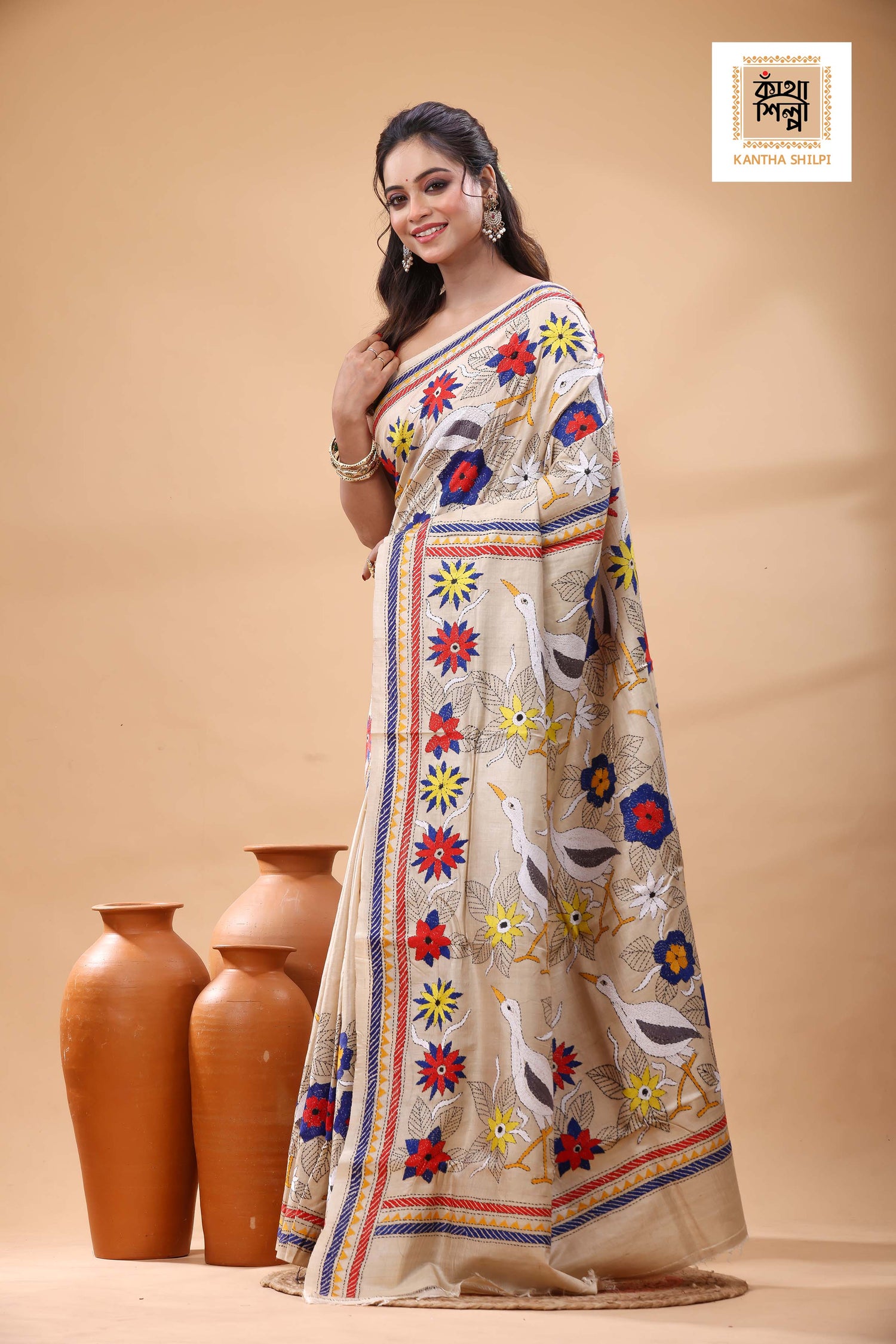 Pure Gachi Tussar Multicolor Thread Work Kantha Stitch Saree