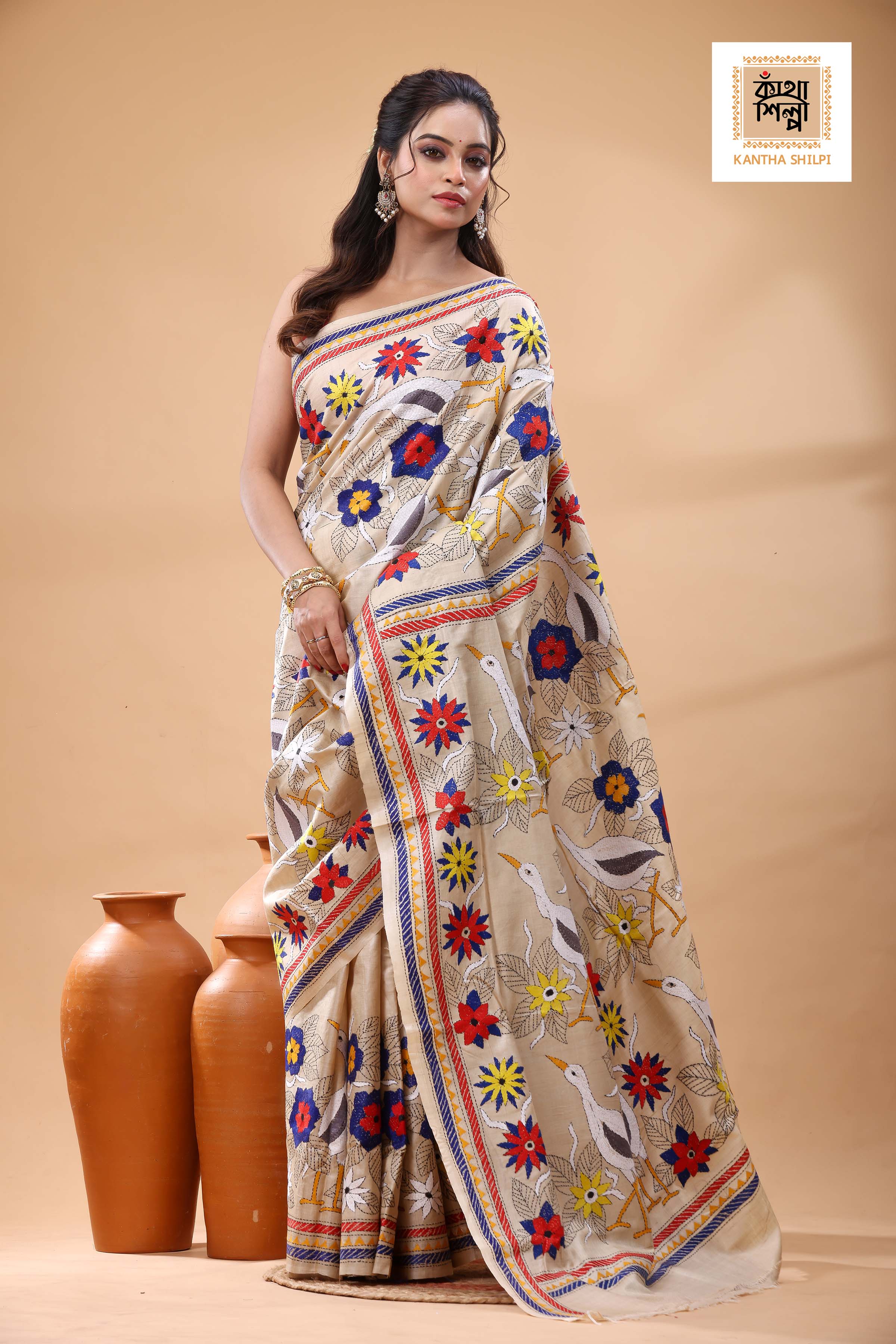 Pure Gachi Tussar Multicolor Thread Work Kantha Stitch Saree