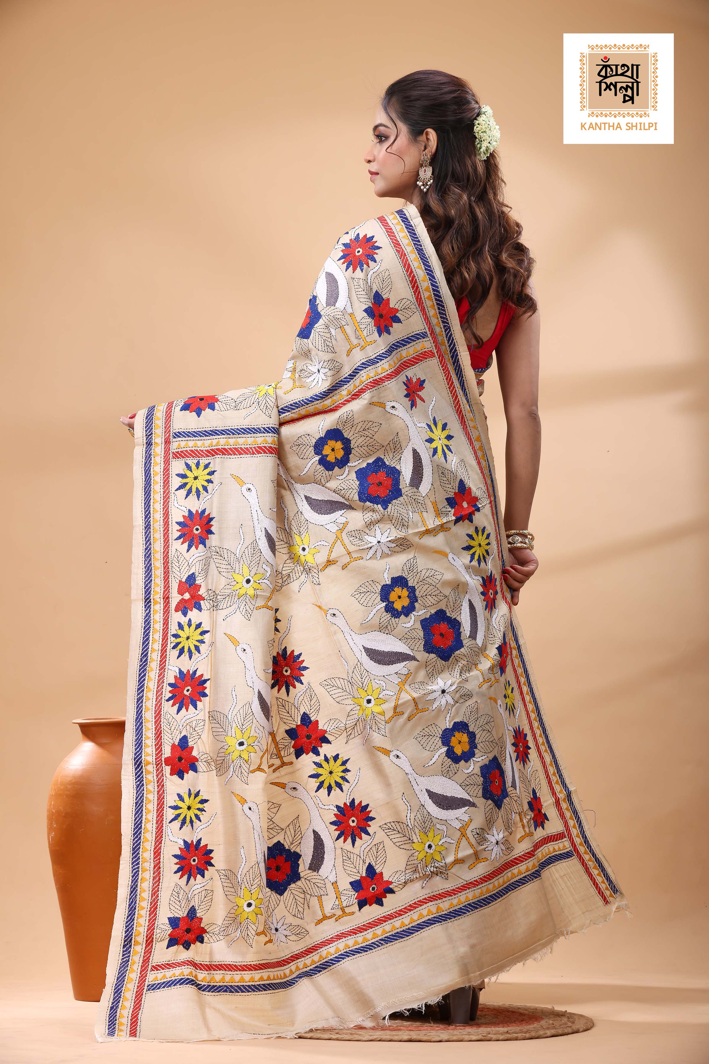 Pure Gachi Tussar Multicolor Thread Work Kantha Stitch Saree