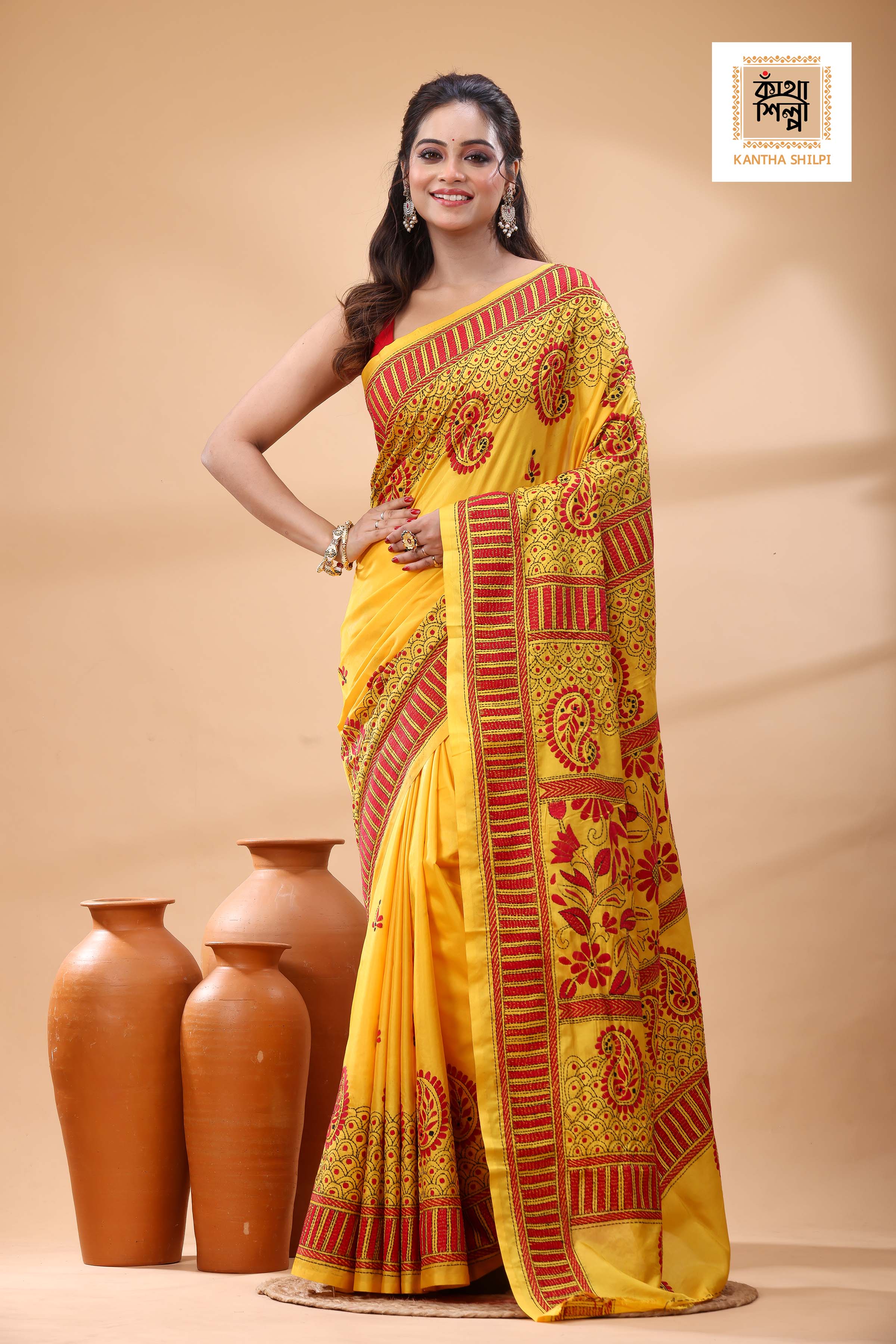 Yellow Color Bangalore Silk Black Red Color Thread Work Kantha Stitch Saree