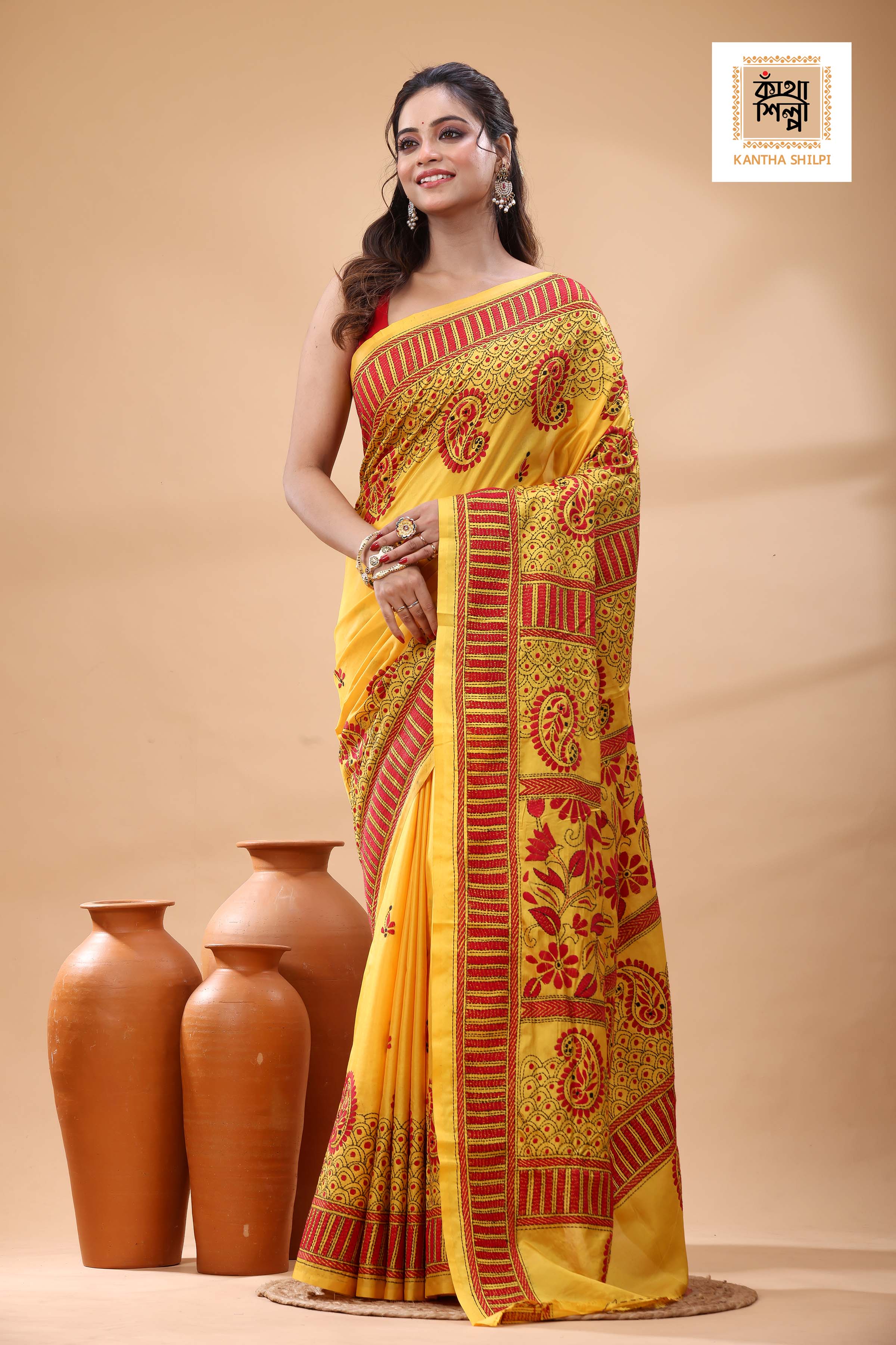 Yellow Color Bangalore Silk Black Red Color Thread Work Kantha Stitch Saree