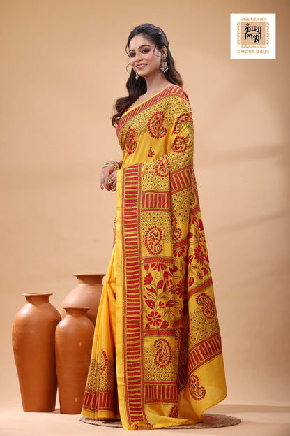 Yellow Color Bangalore Silk Black Red Color Thread Work Kantha Stitch Saree