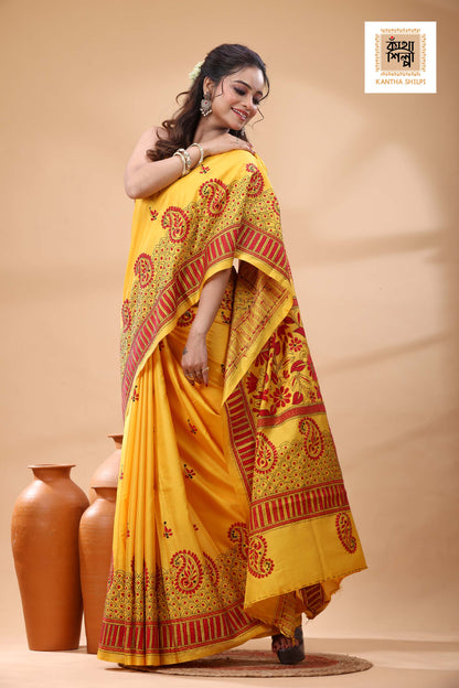 Yellow Color Bangalore Silk Black Red Color Thread Work Kantha Stitch Saree