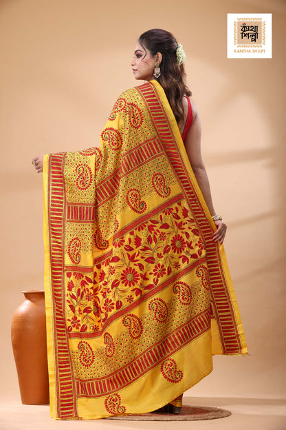 Yellow Color Bangalore Silk Black Red Color Thread Work Kantha Stitch Saree