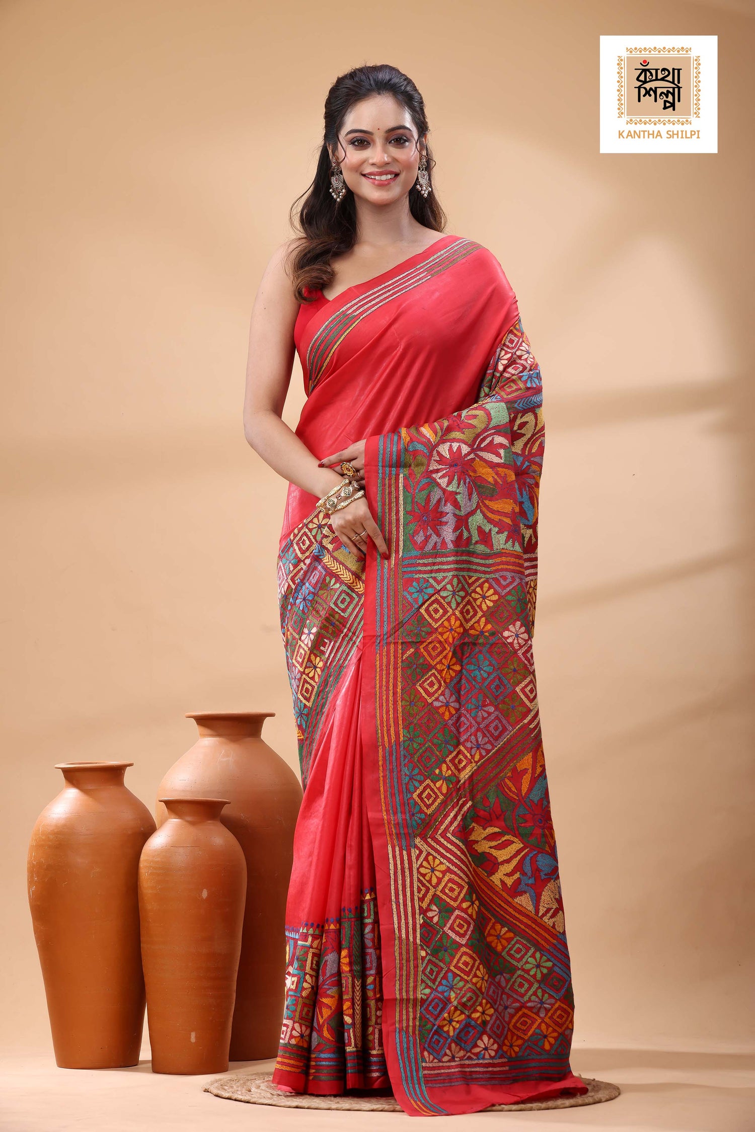 Red Pure Bangalore Silk Multicolor Thread Work Kantha Stitch Saree