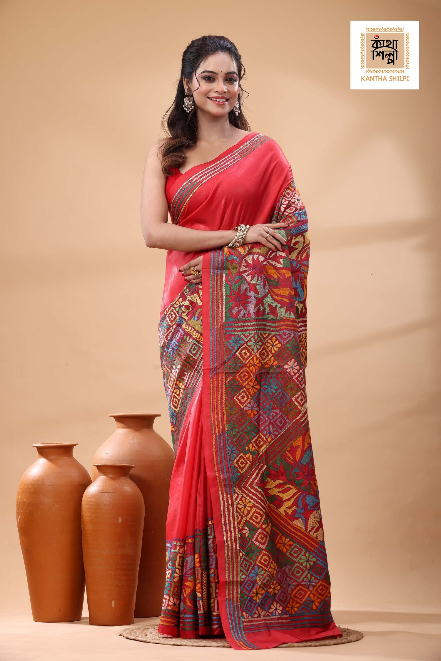 Red Pure Bangalore Silk Multicolor Thread Work Kantha Stitch Saree