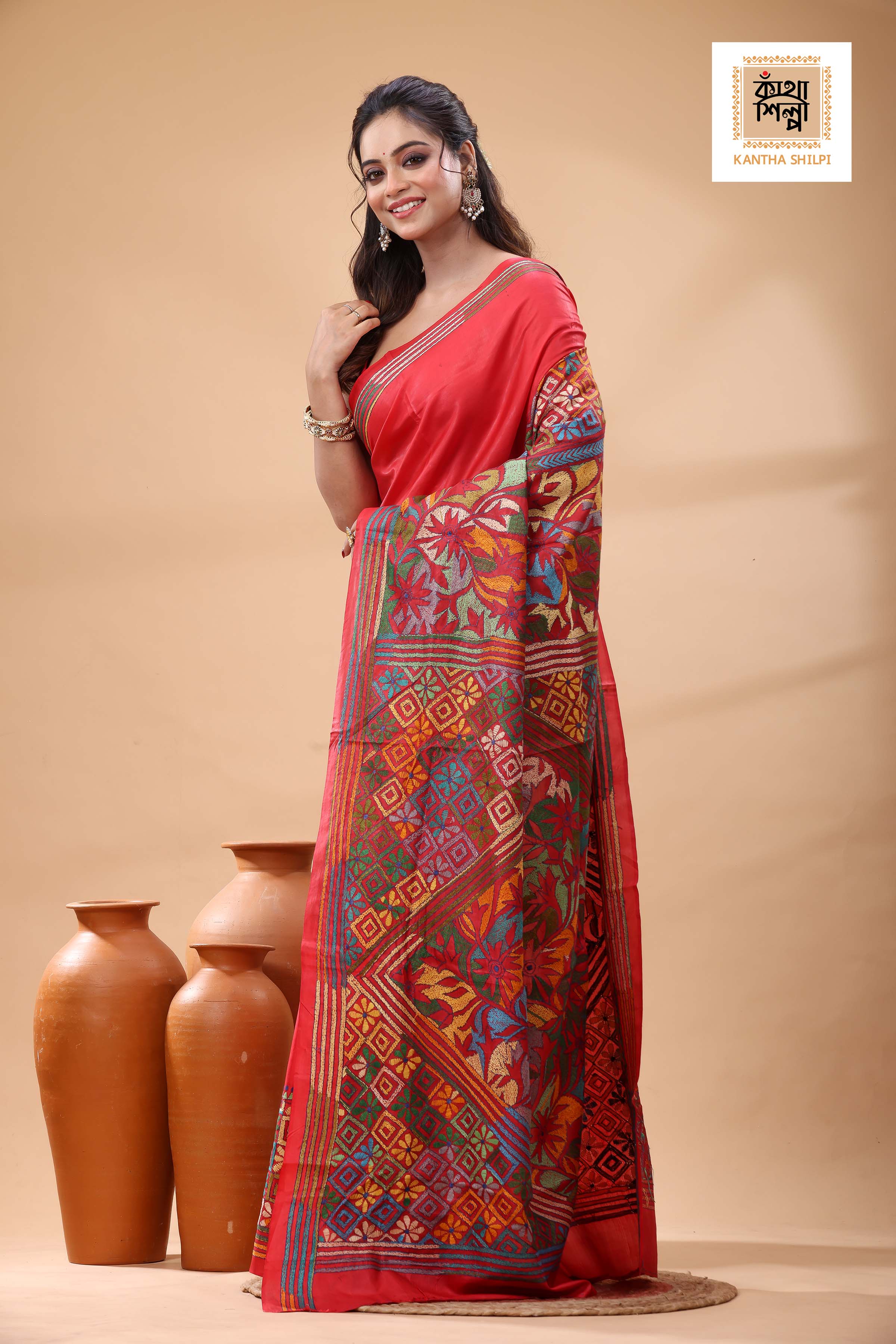 Red Pure Bangalore Silk Multicolor Thread Work Kantha Stitch Saree