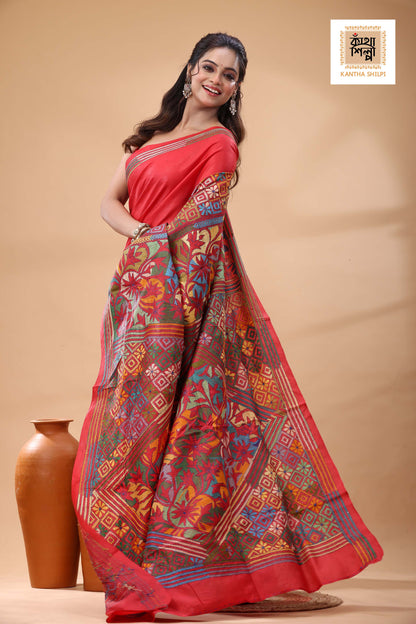 Red Pure Bangalore Silk Multicolor Thread Work Kantha Stitch Saree