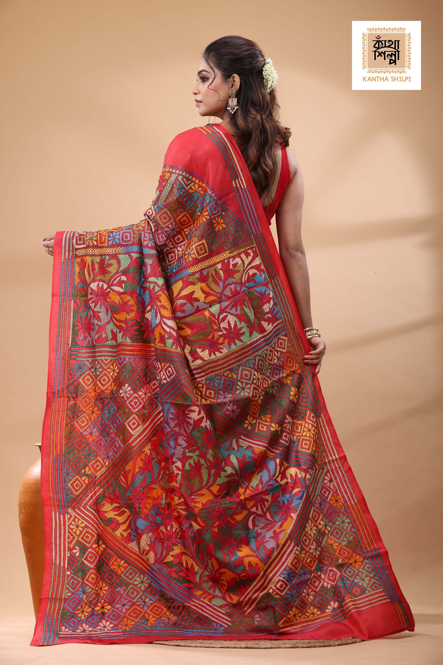 Red Pure Bangalore Silk Multicolor Thread Work Kantha Stitch Saree