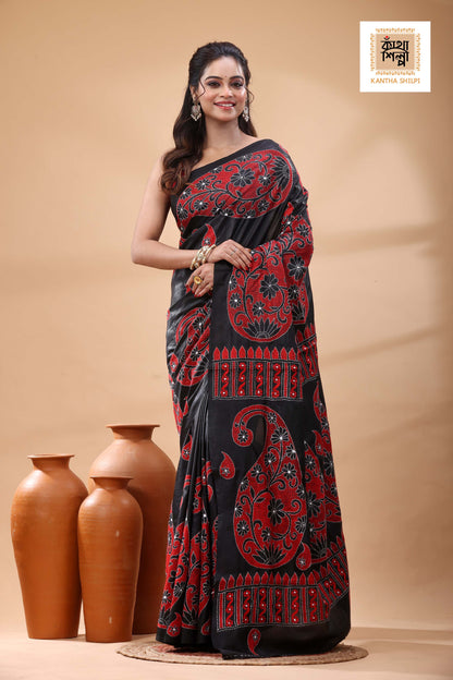 Black Pure Bangalore Silk Red White Color Thread Work Kantha Stitch Saree