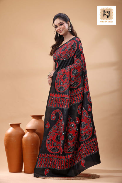 Black Pure Bangalore Silk Red White Color Thread Work Kantha Stitch Saree