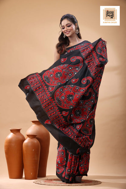 Black Pure Bangalore Silk Red White Color Thread Work Kantha Stitch Saree