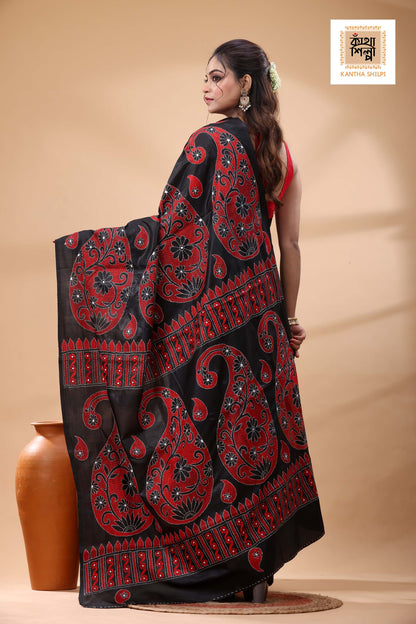 Black Pure Bangalore Silk Red White Color Thread Work Kantha Stitch Saree