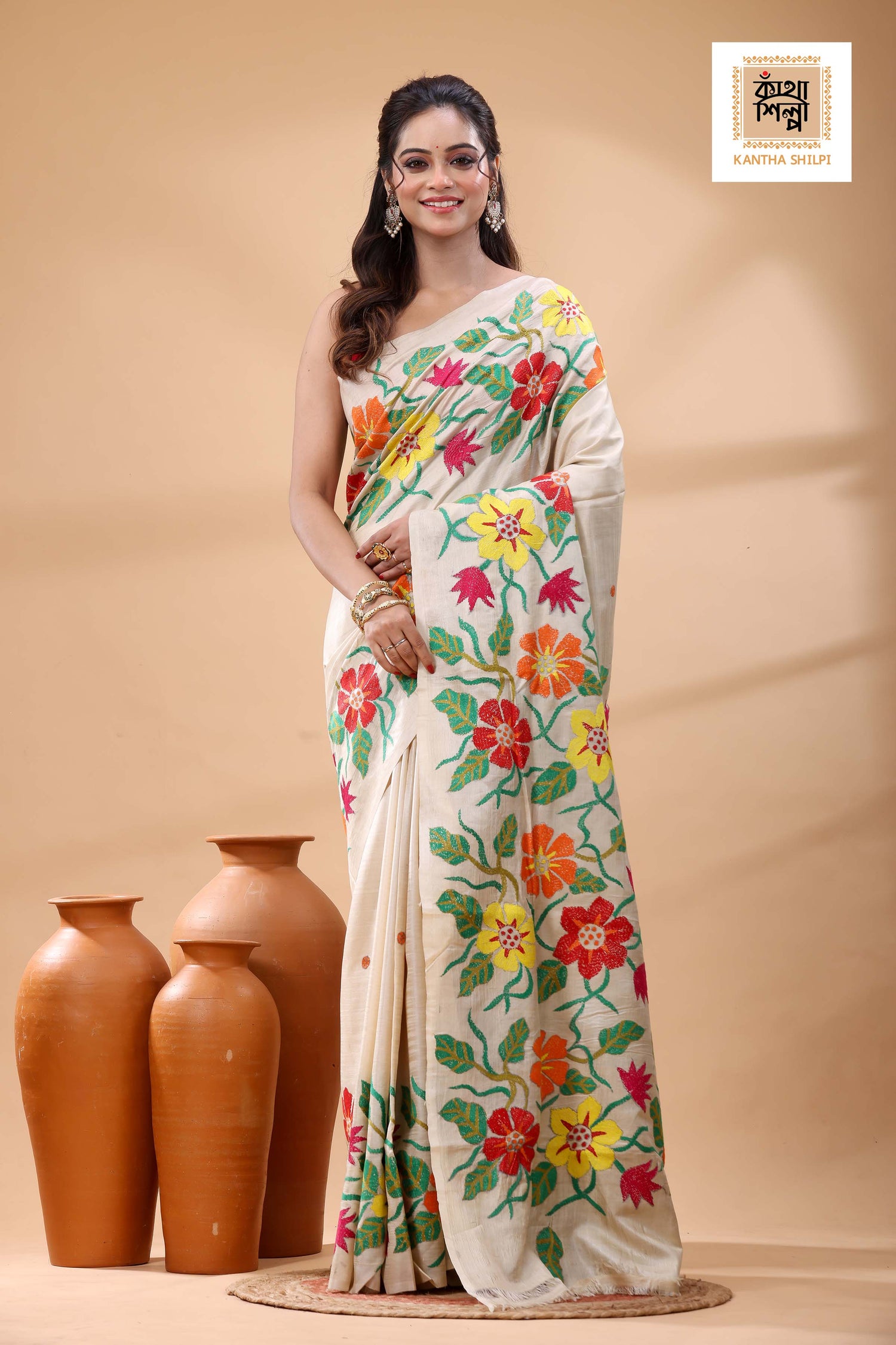 Pure Gachi Tussar Multicolor Thread Work Kantha Stitch Saree