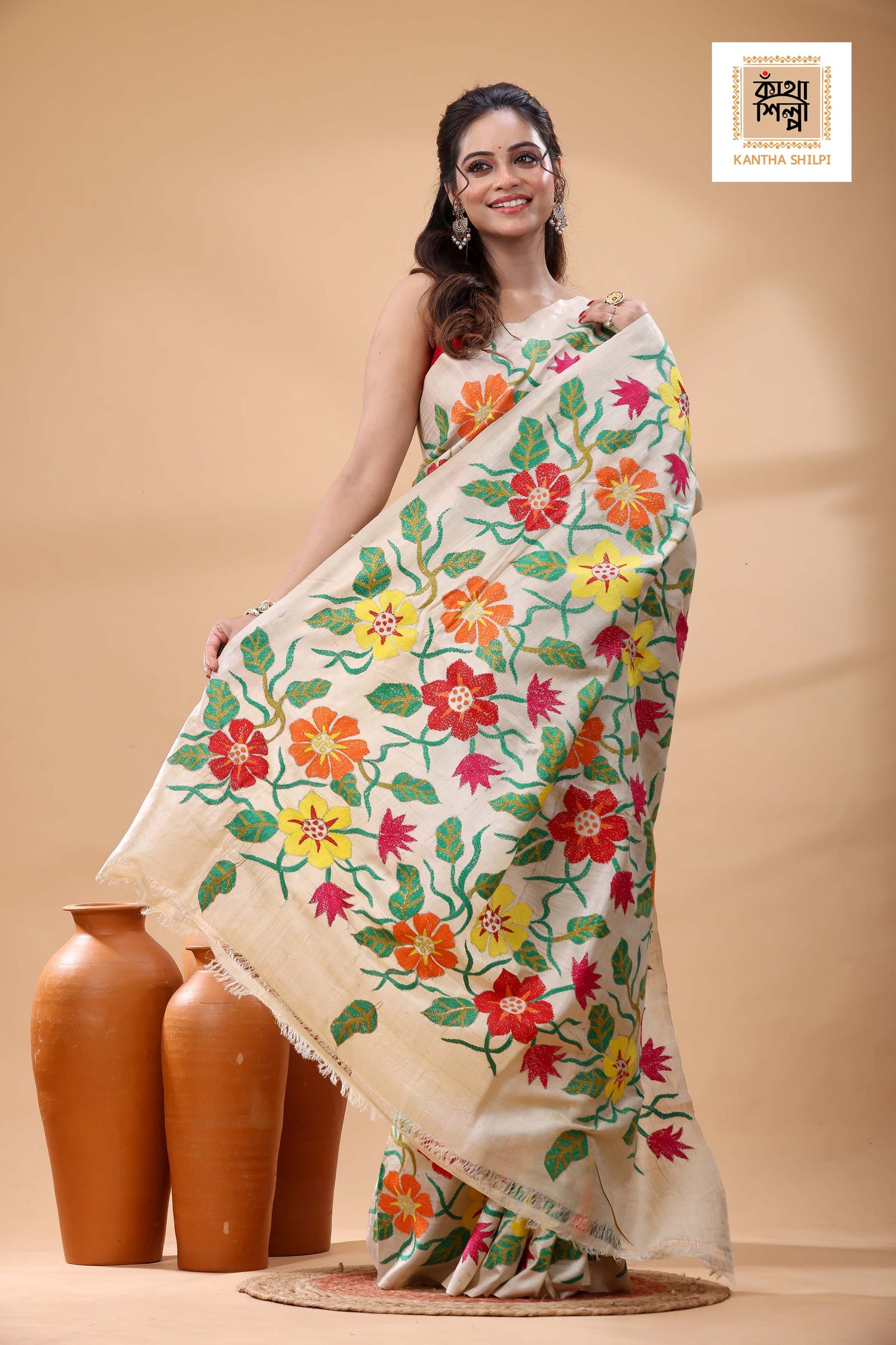 Pure Gachi Tussar Multicolor Thread Work Kantha Stitch Saree