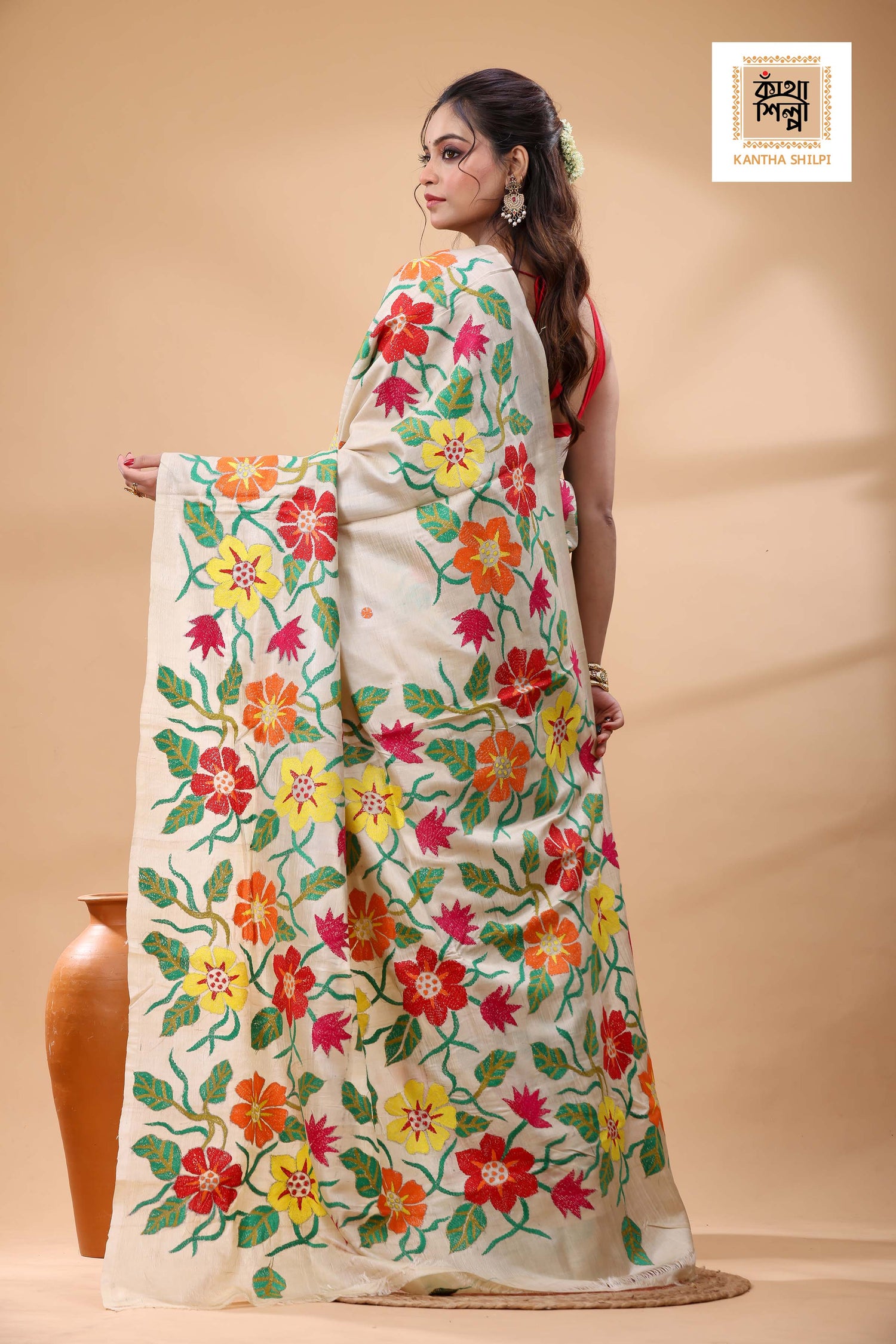 Pure Gachi Tussar Multicolor Thread Work Kantha Stitch Saree