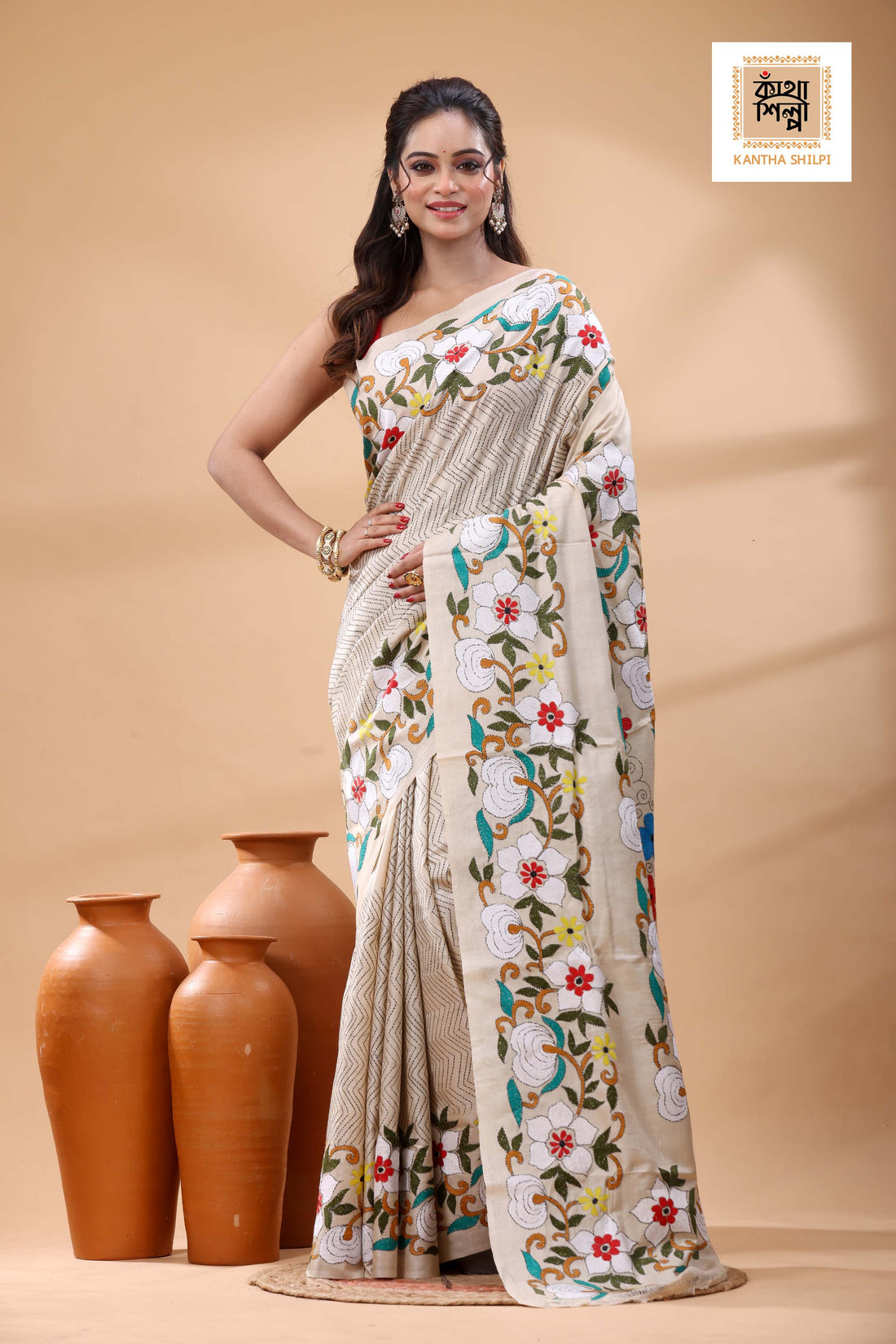 Pure Gachi Tussar Multicolor Thread Work Kantha Stitch Saree