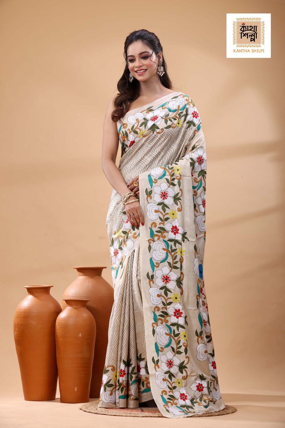Pure Gachi Tussar Multicolor Thread Work Kantha Stitch Saree