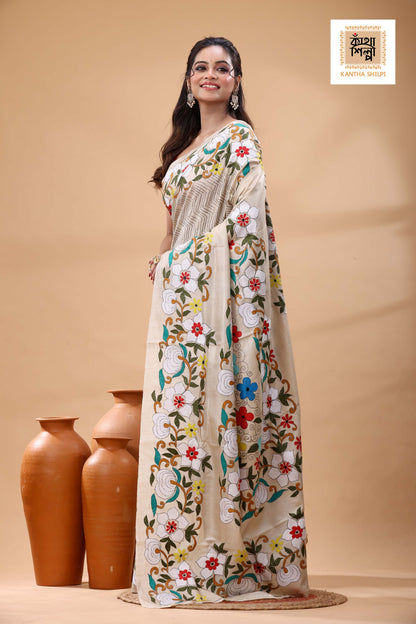 Pure Gachi Tussar Multicolor Thread Work Kantha Stitch Saree