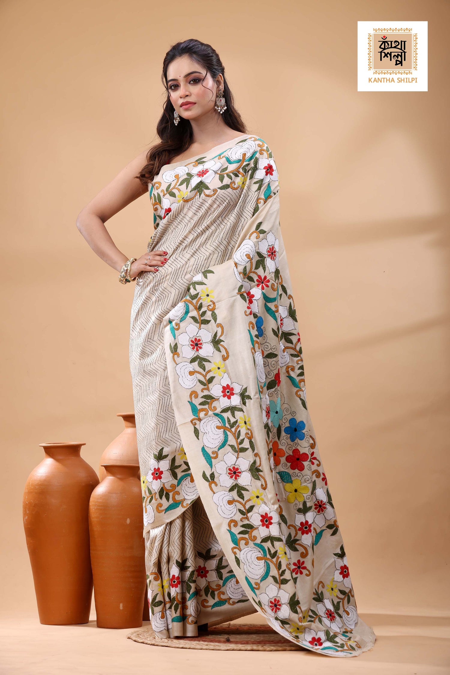Pure Gachi Tussar Multicolor Thread Work Kantha Stitch Saree