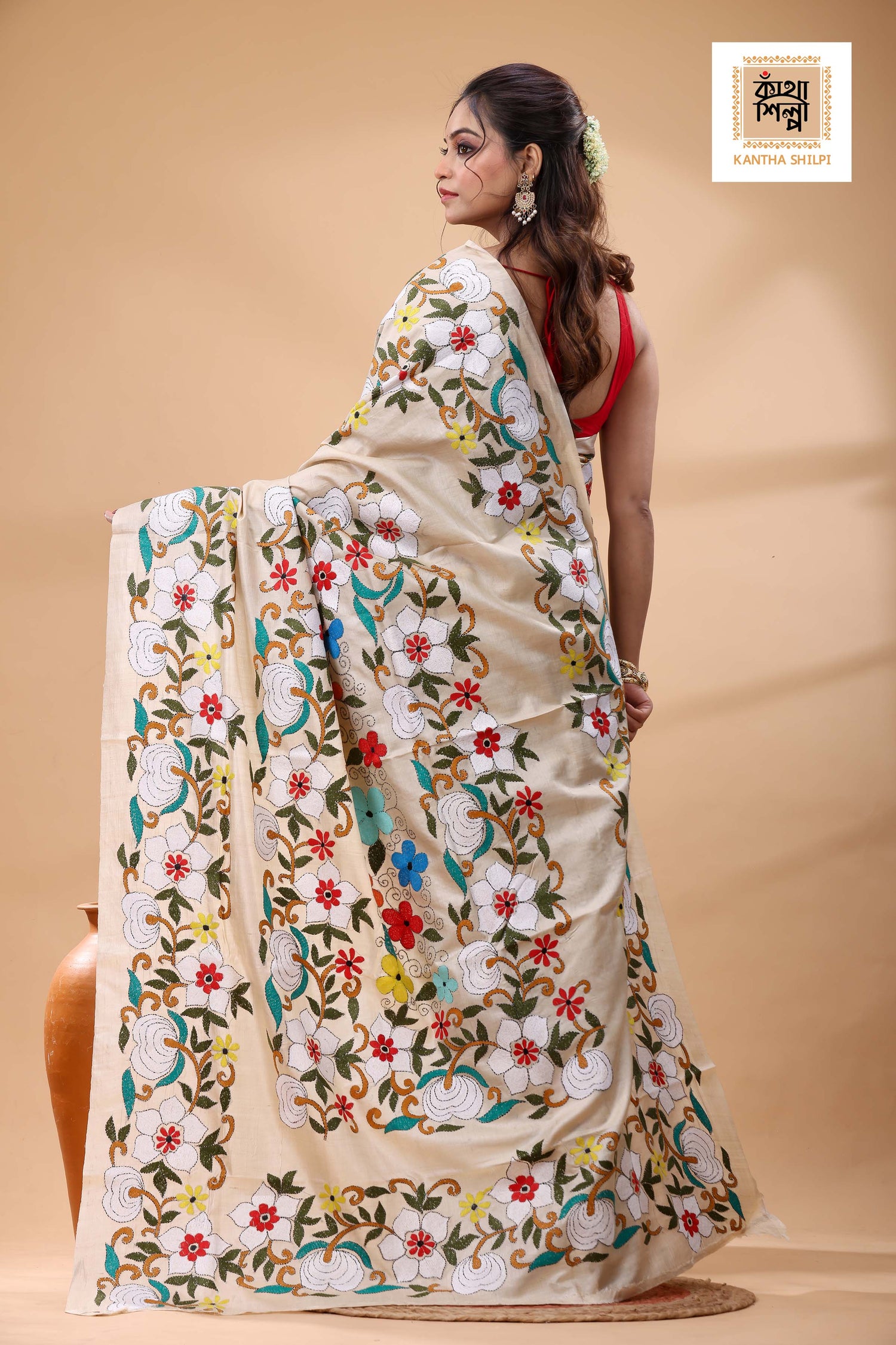 Pure Gachi Tussar Multicolor Thread Work Kantha Stitch Saree