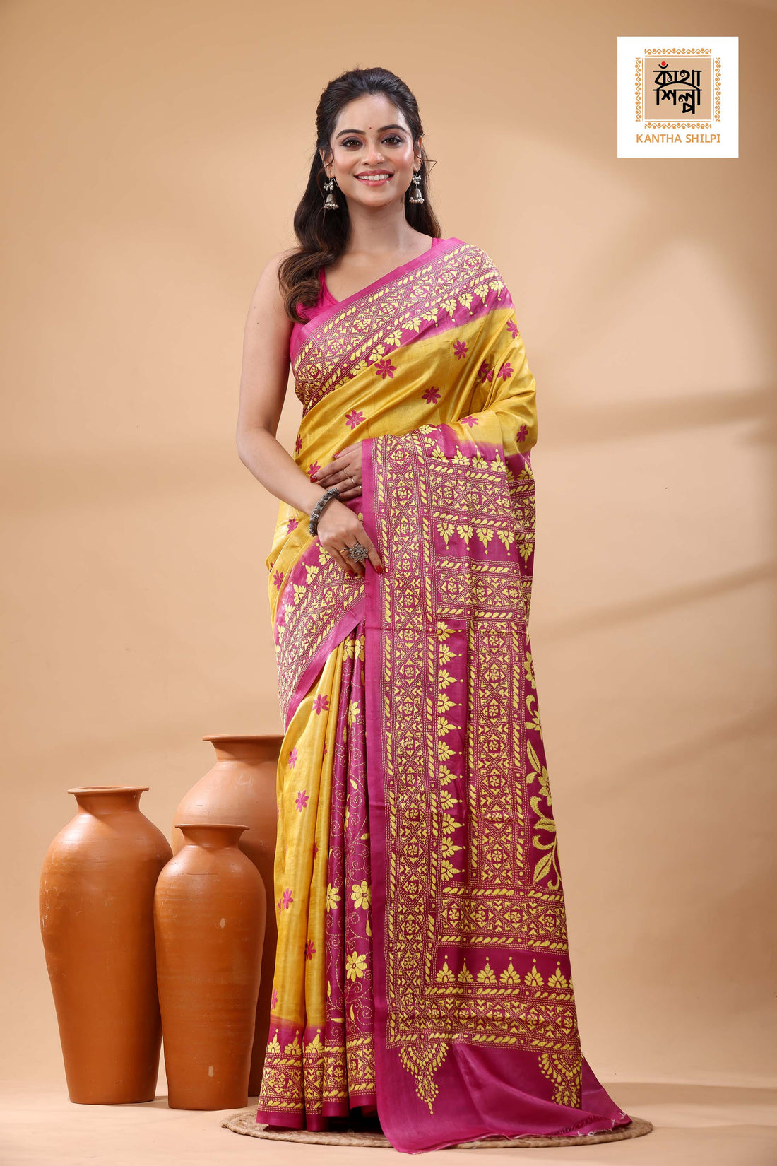 Pure Dye Gachi Tussar Yellow Color Thread Work Kantha Stitch Saree