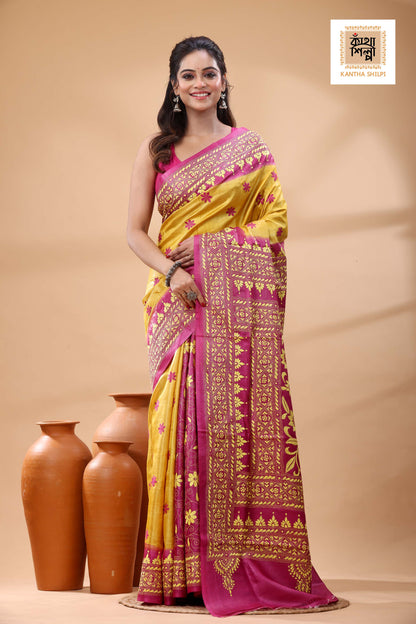Pure Dye Gachi Tussar Yellow Color Thread Work Kantha Stitch Saree