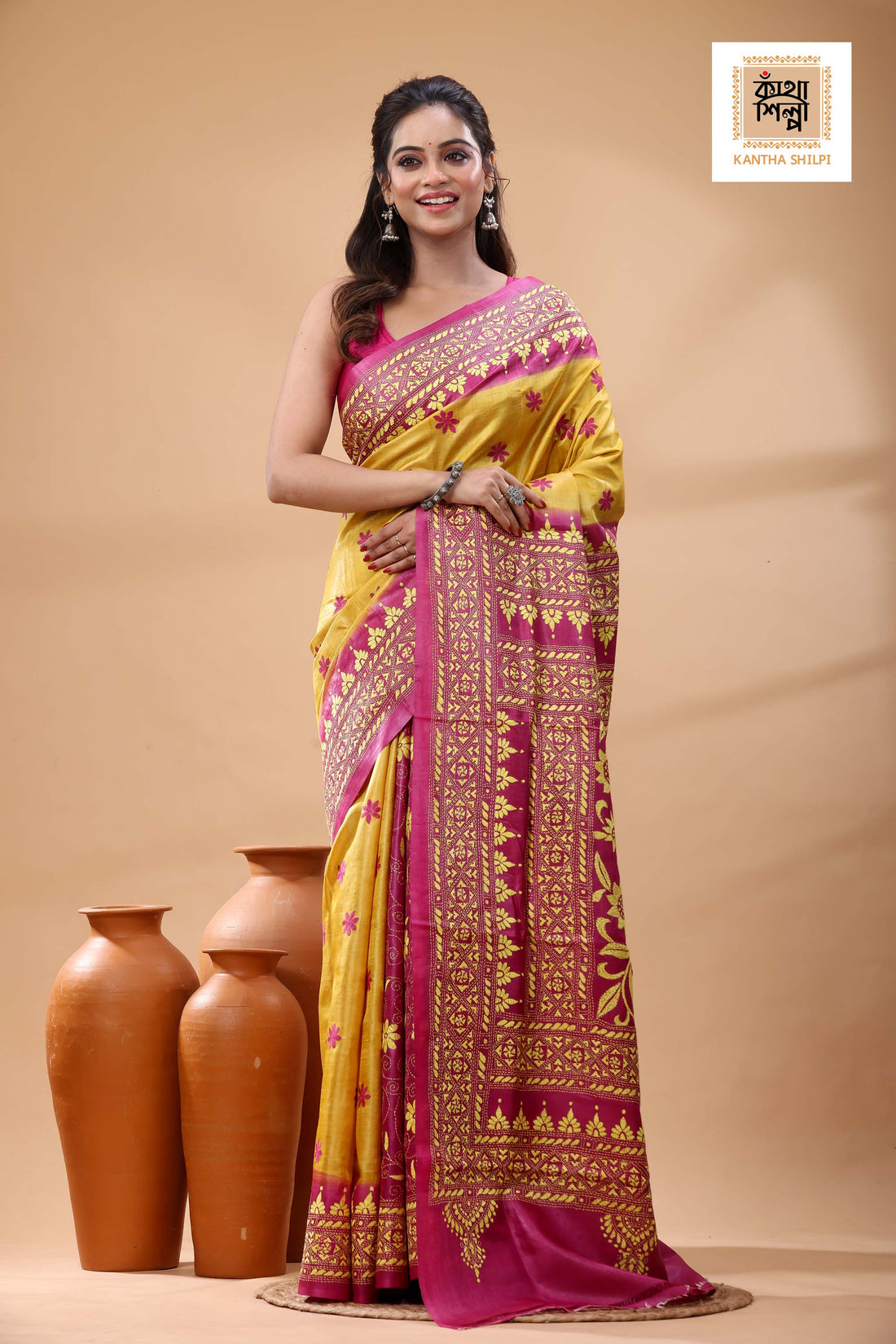 Pure Dye Gachi Tussar Yellow Color Thread Work Kantha Stitch Saree