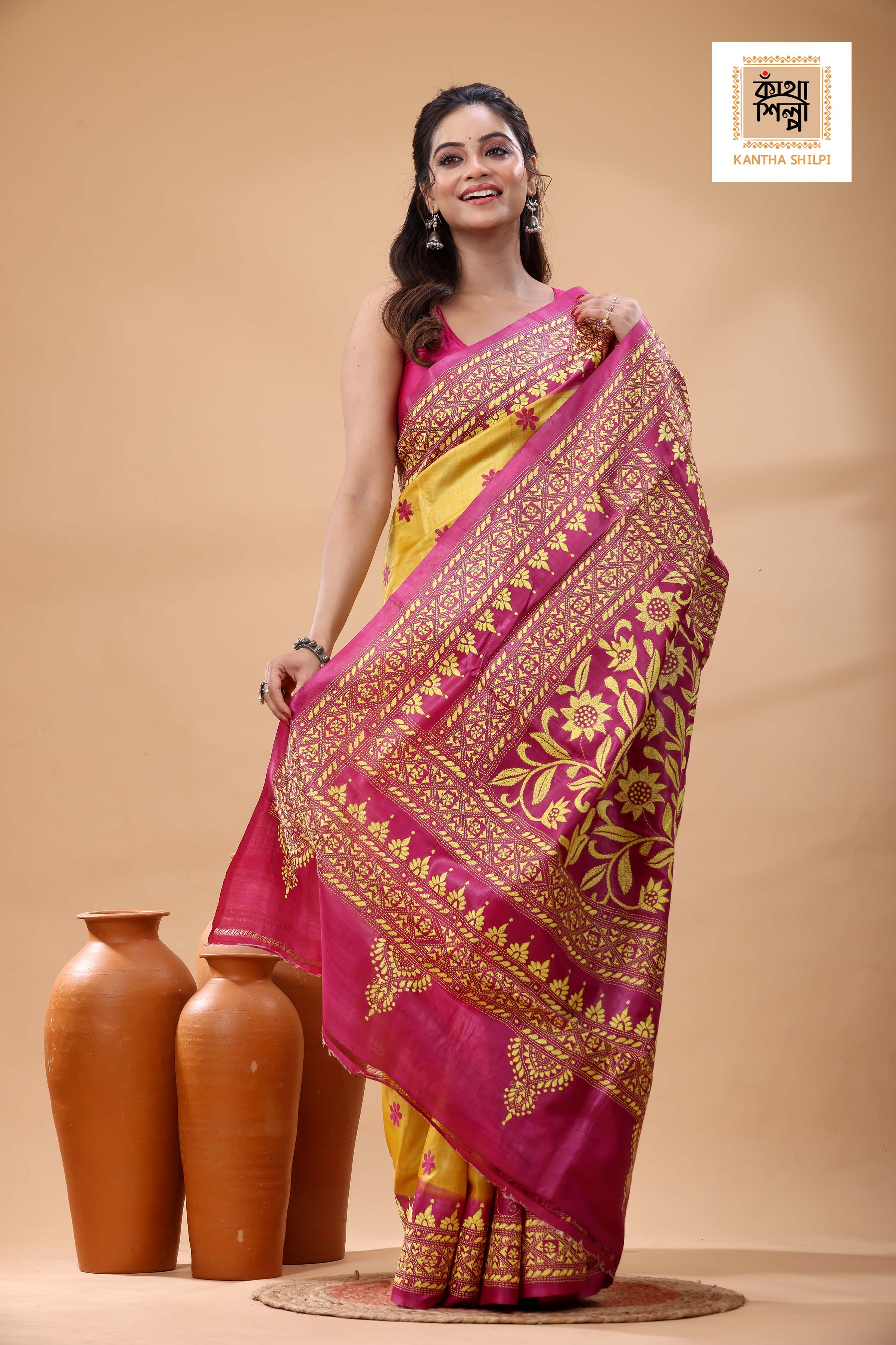 Pure Dye Gachi Tussar Yellow Color Thread Work Kantha Stitch Saree