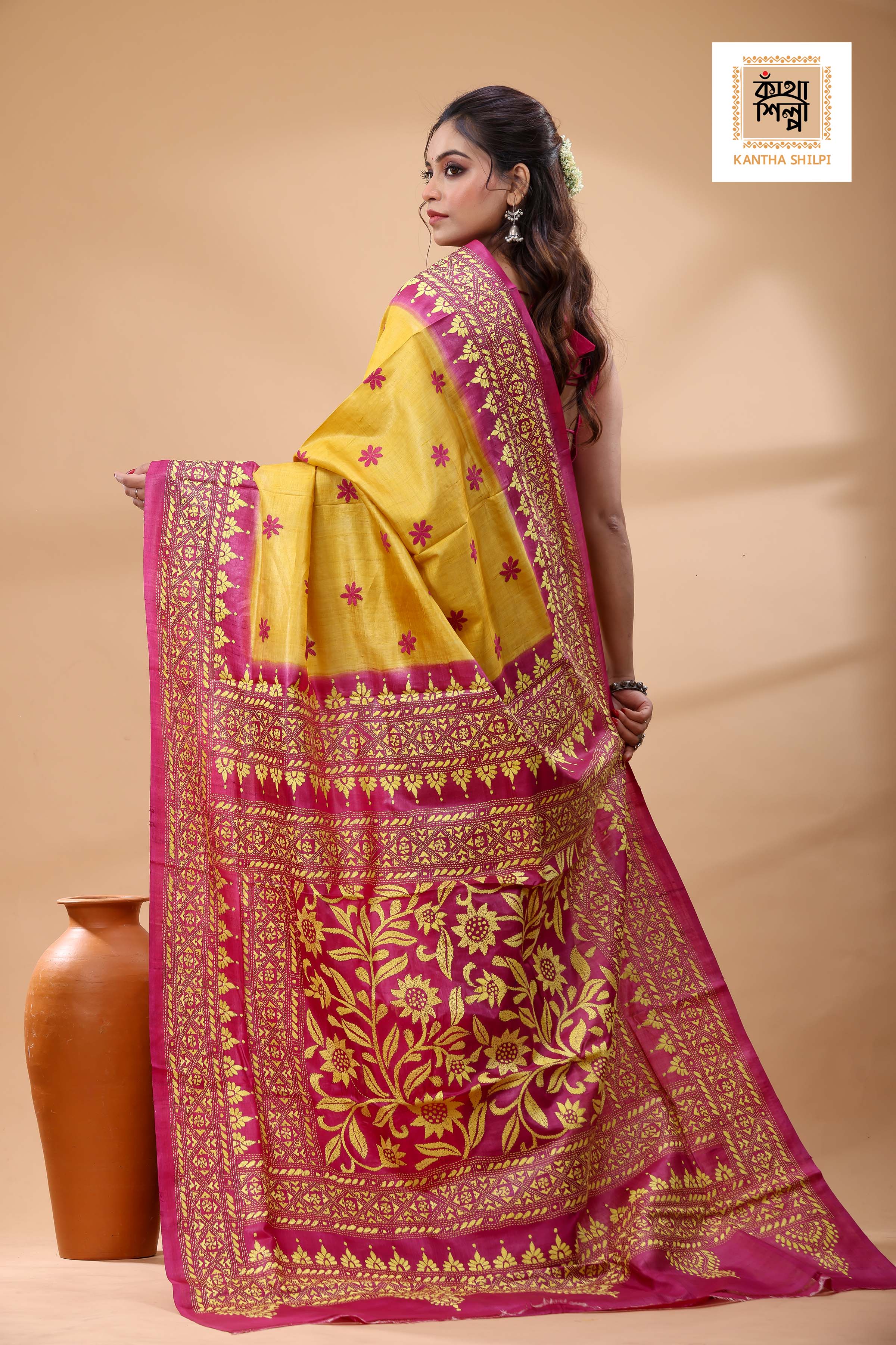 Pure Dye Gachi Tussar Yellow Color Thread Work Kantha Stitch Saree
