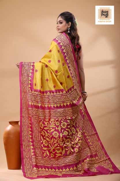Pure Dye Gachi Tussar Yellow Color Thread Work Kantha Stitch Saree