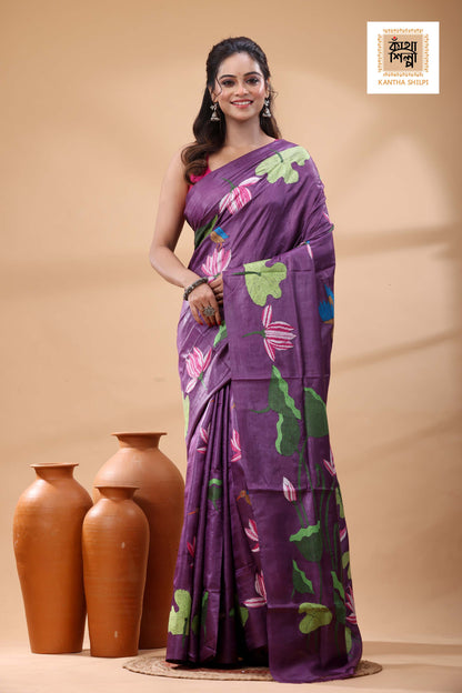 Pure Dye Gachi Tussar Multicolor Thread Work Kantha Stitch Saree
