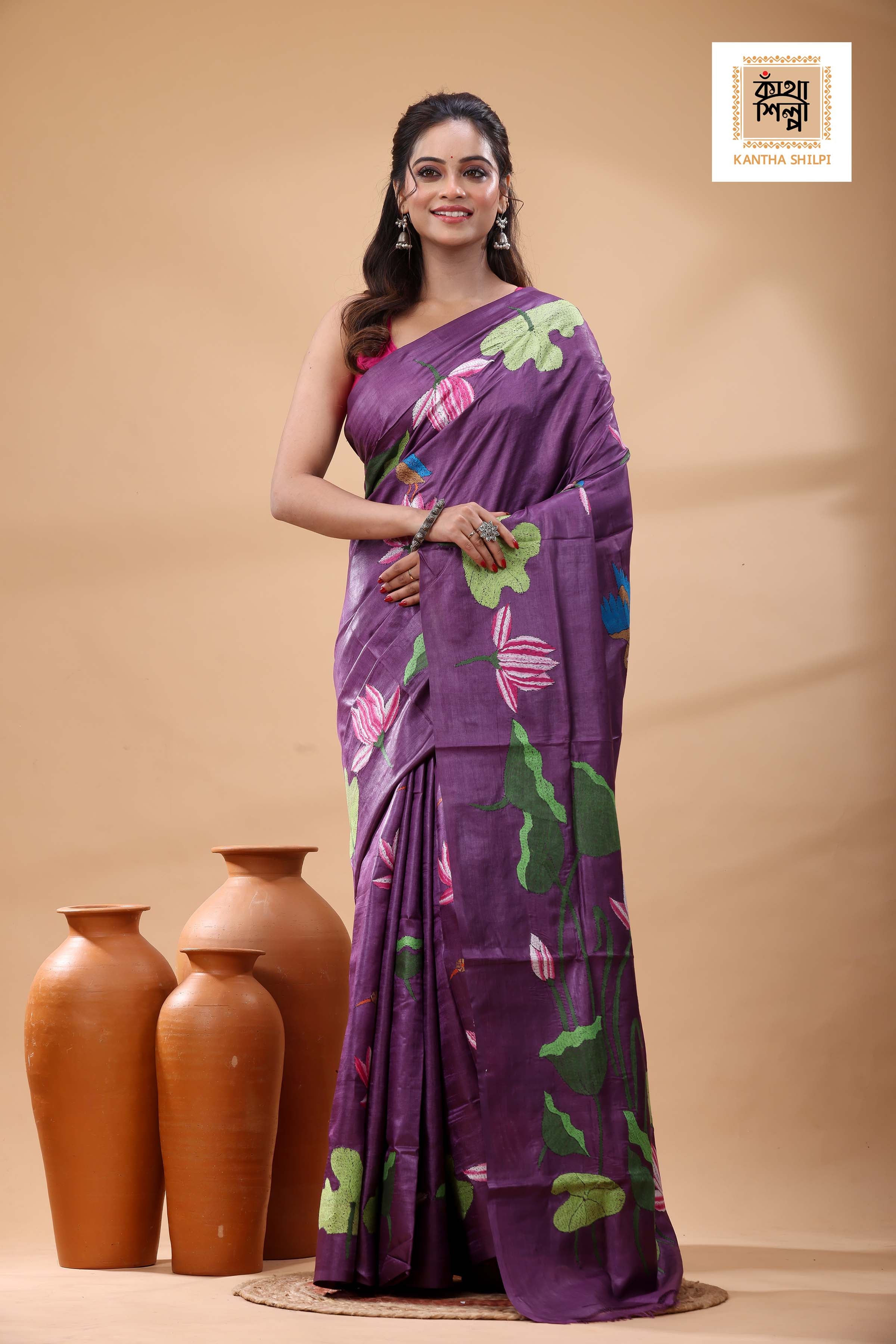 Pure Dye Gachi Tussar Multicolor Thread Work Kantha Stitch Saree
