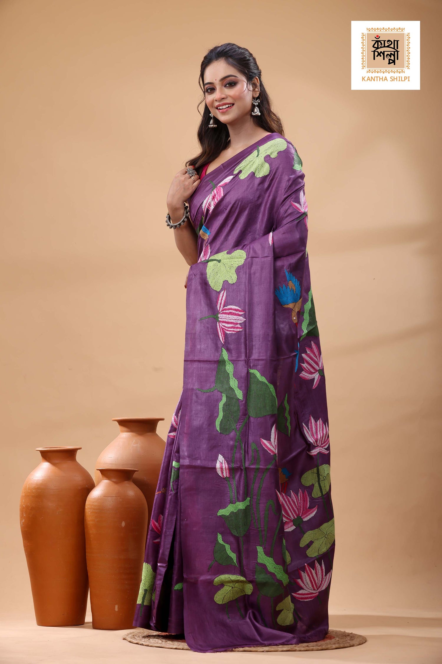 Pure Dye Gachi Tussar Multicolor Thread Work Kantha Stitch Saree