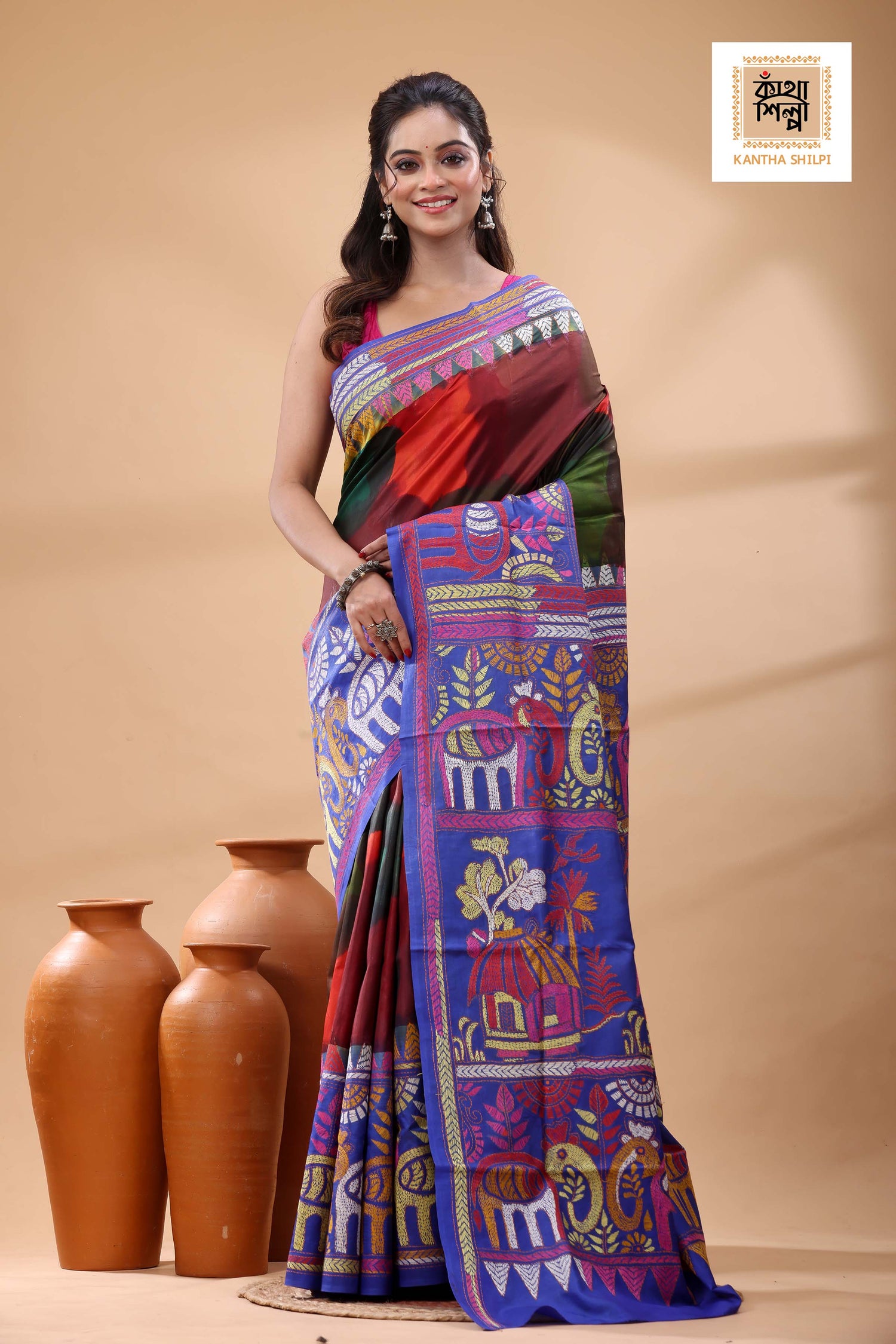 Multicolor Dye Pure Bangalore Silk Multicolor Thread Work Kantha Stitch Saree