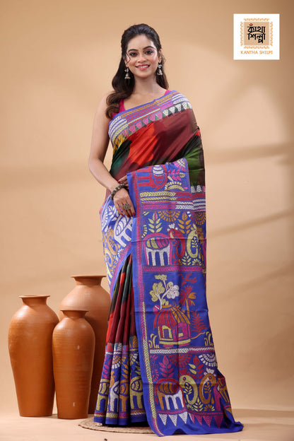 Multicolor Dye Pure Bangalore Silk Multicolor Thread Work Kantha Stitch Saree