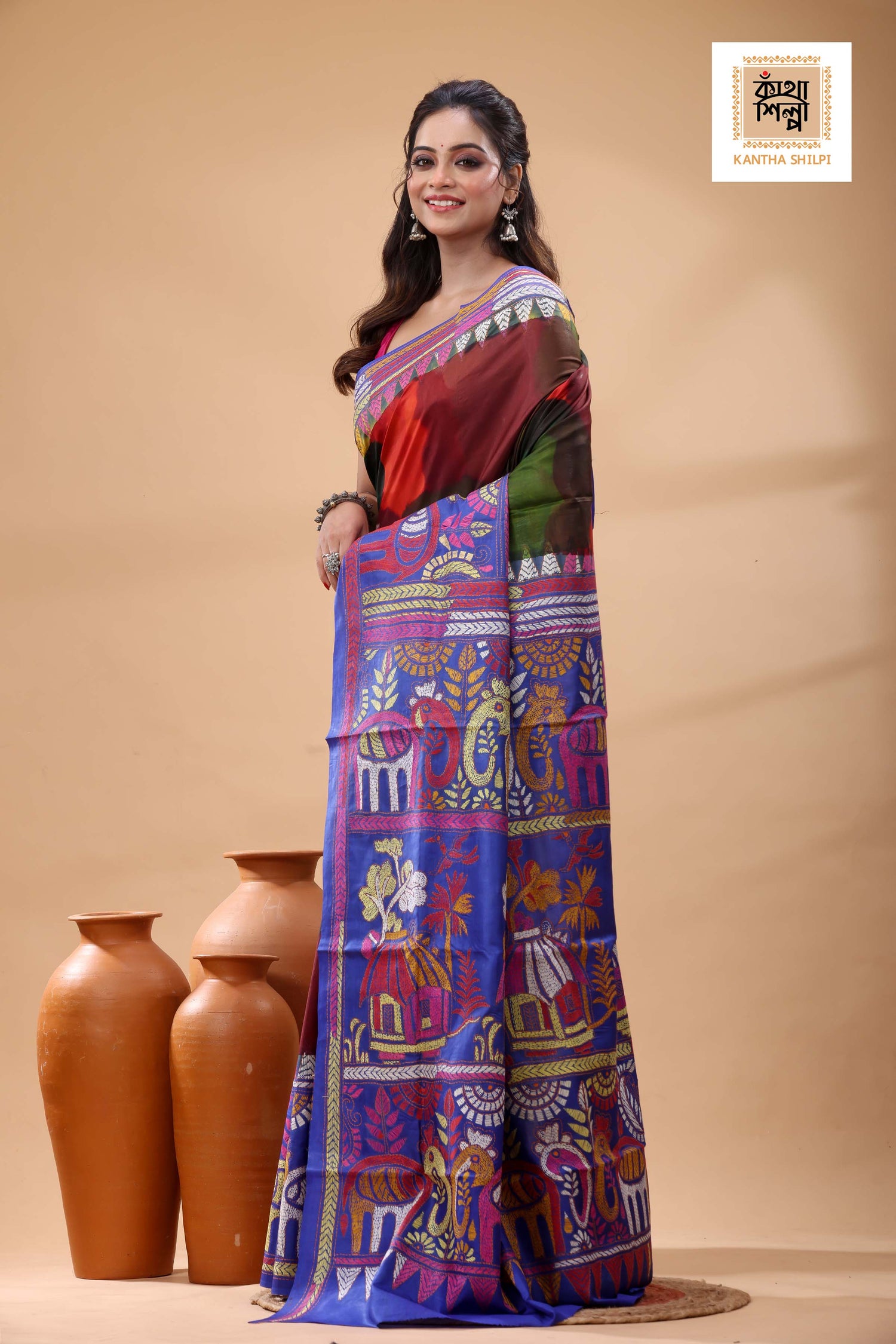 Multicolor Dye Pure Bangalore Silk Multicolor Thread Work Kantha Stitch Saree