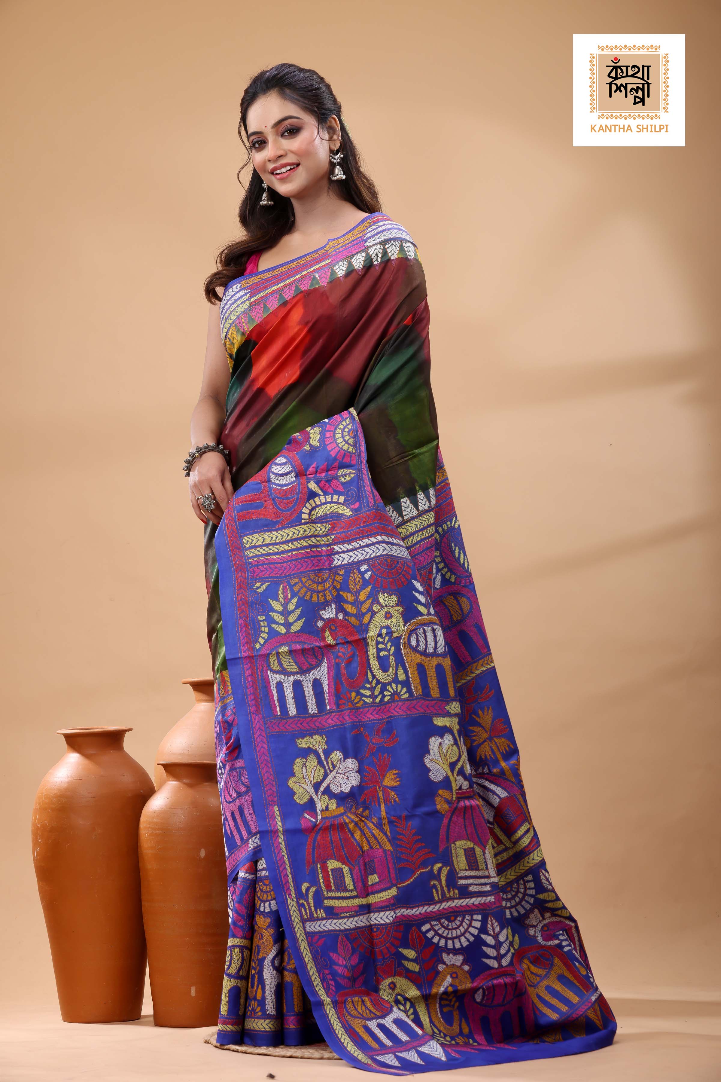 Multicolor Dye Pure Bangalore Silk Multicolor Thread Work Kantha Stitch Saree