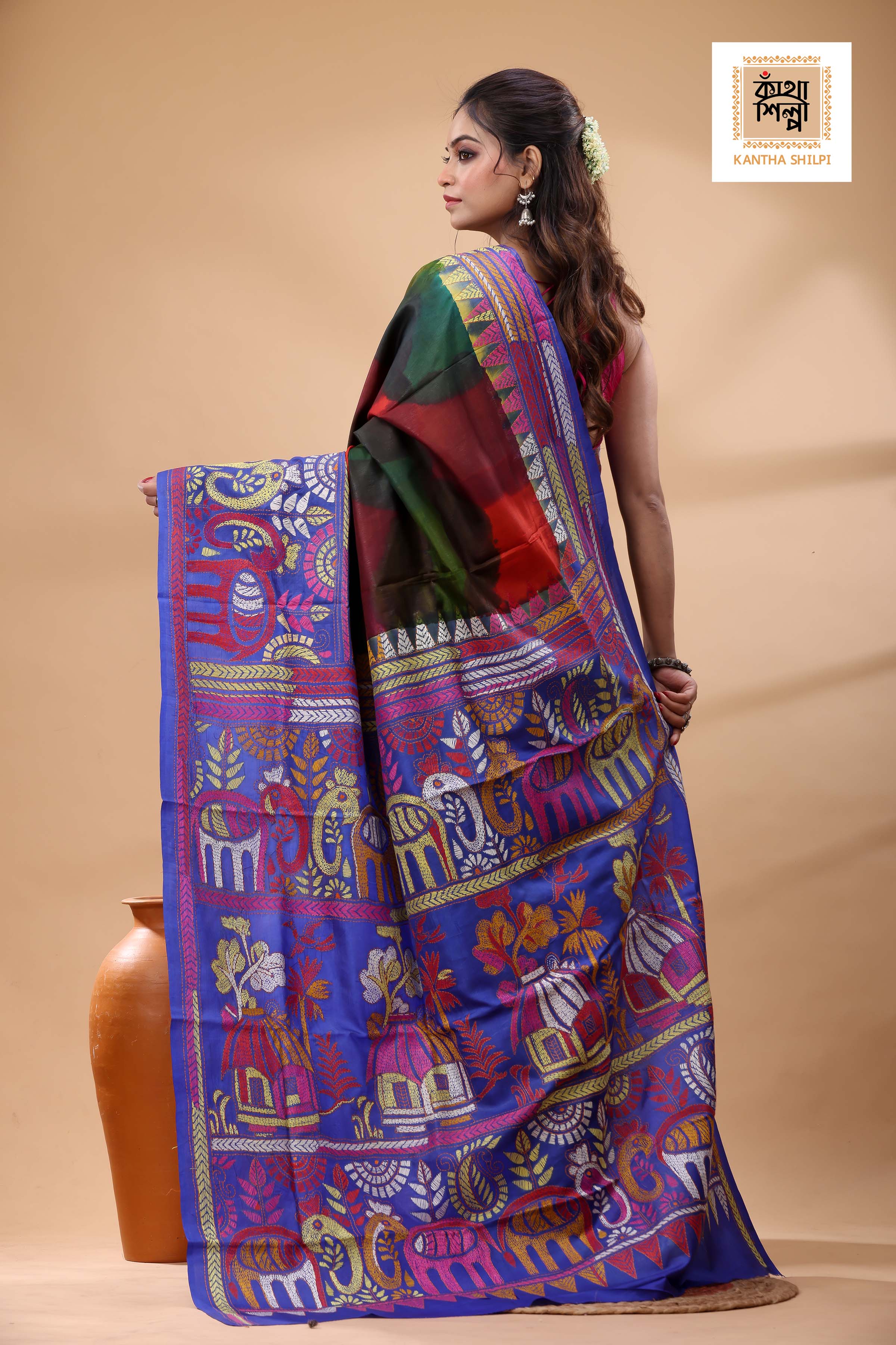 Multicolor Dye Pure Bangalore Silk Multicolor Thread Work Kantha Stitch Saree