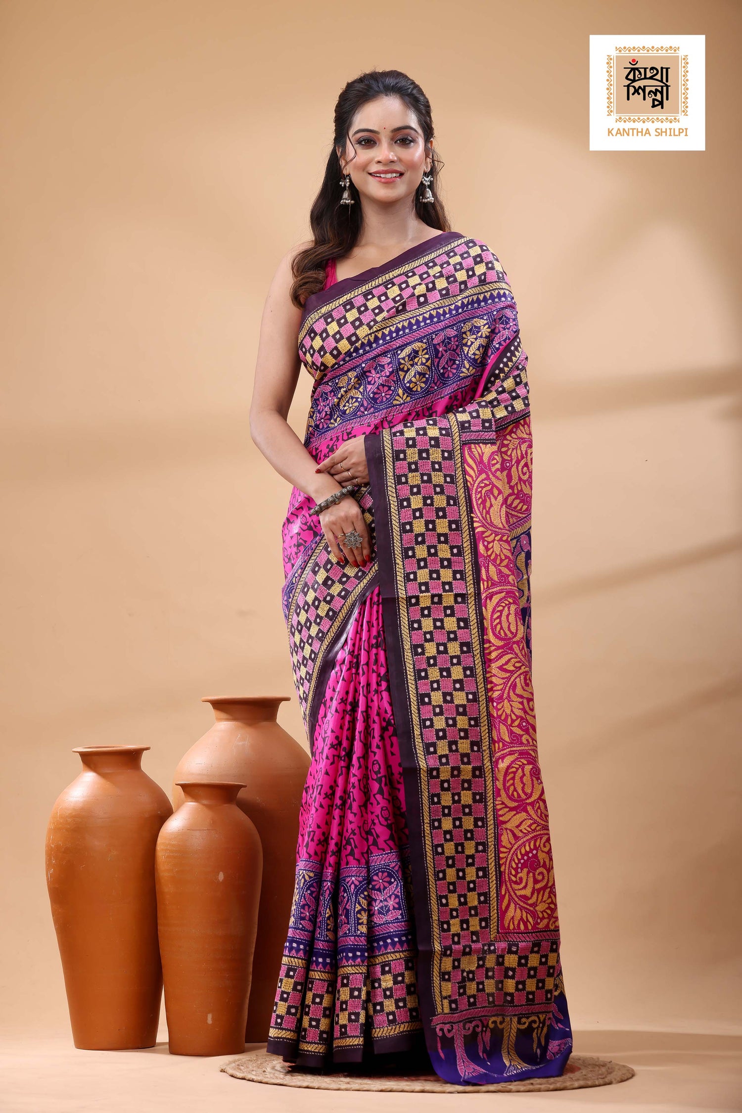Multicolor Dye Pure Bangalore Silk Multicolor Thread Work Kantha Stitch Saree