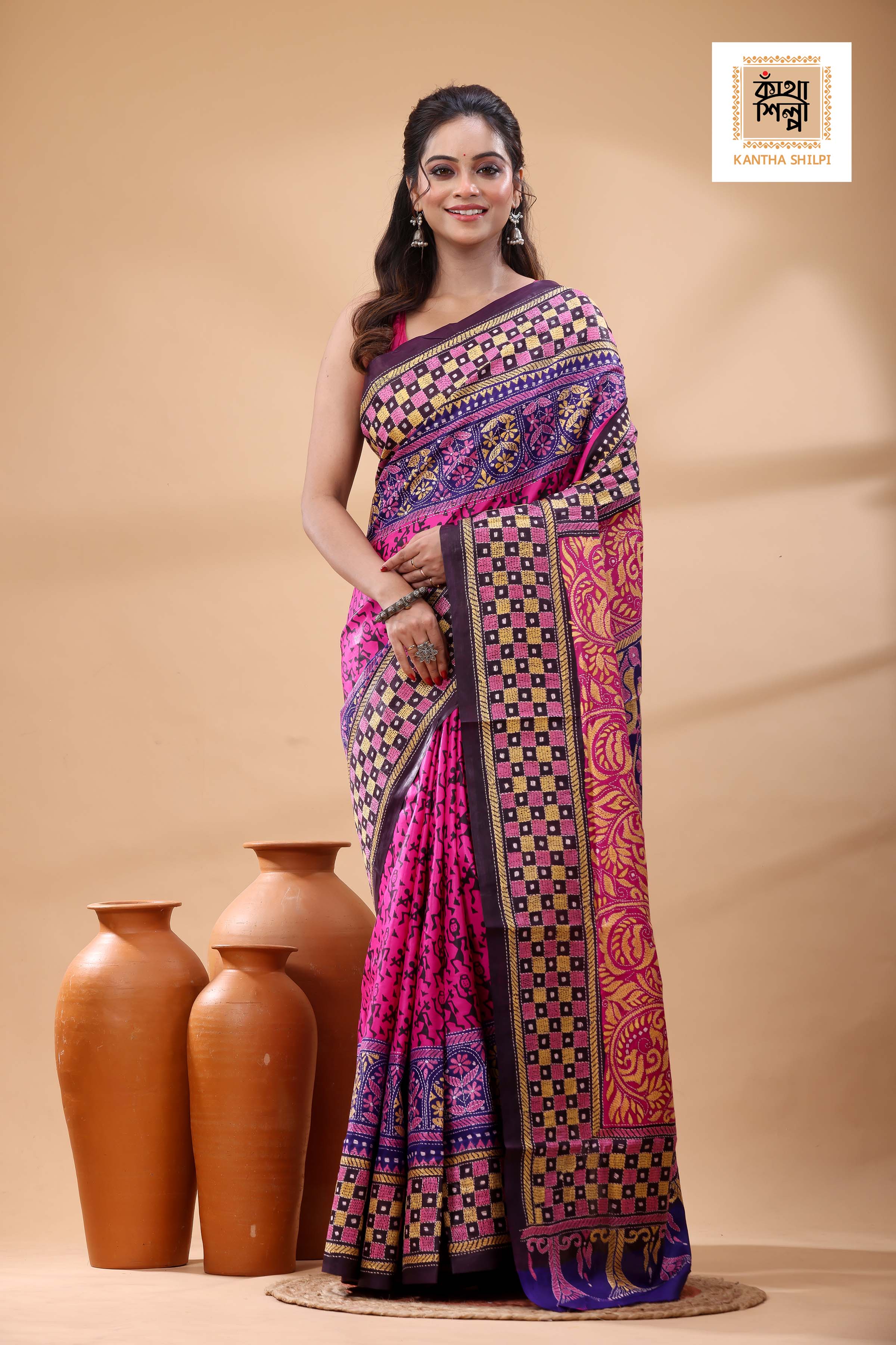 Multicolor Dye Pure Bangalore Silk Multicolor Thread Work Kantha Stitch Saree