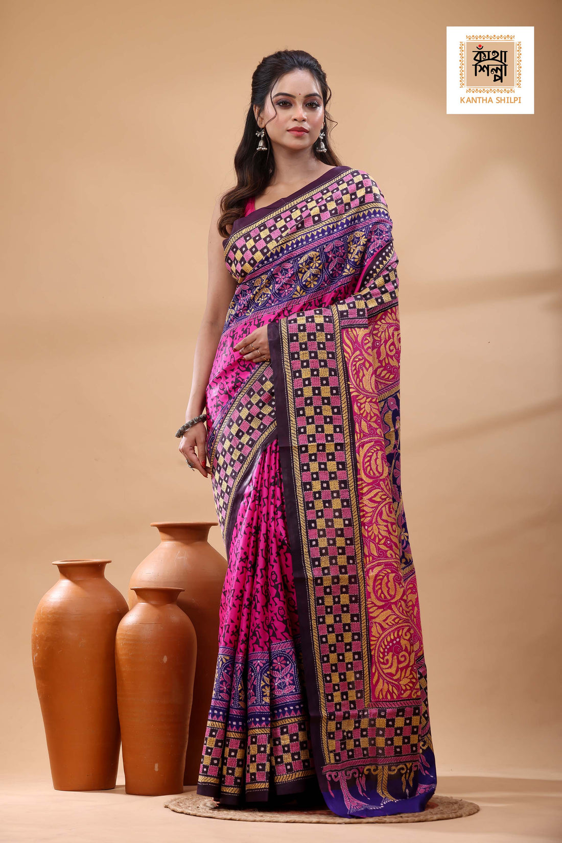 Multicolor Dye Pure Bangalore Silk Multicolor Thread Work Kantha Stitch Saree