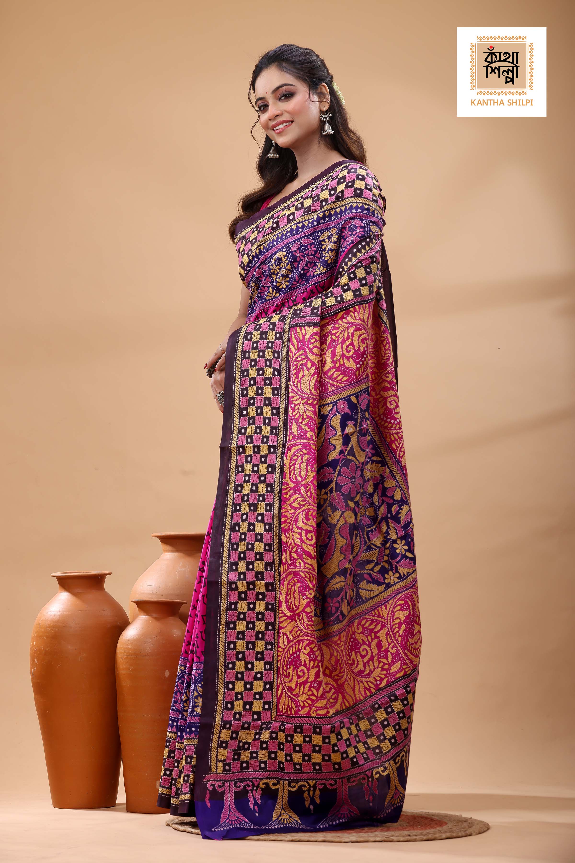 Multicolor Dye Pure Bangalore Silk Multicolor Thread Work Kantha Stitch Saree
