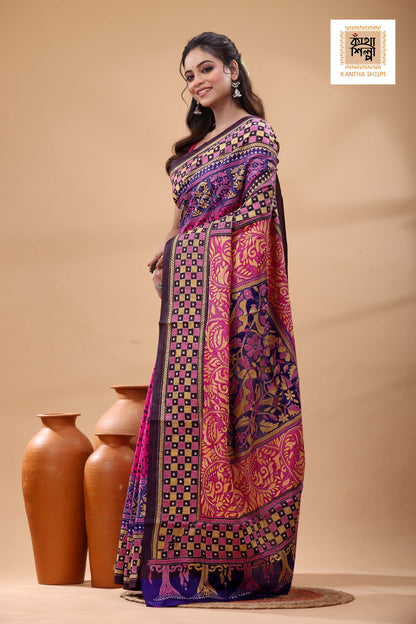 Multicolor Dye Pure Bangalore Silk Multicolor Thread Work Kantha Stitch Saree